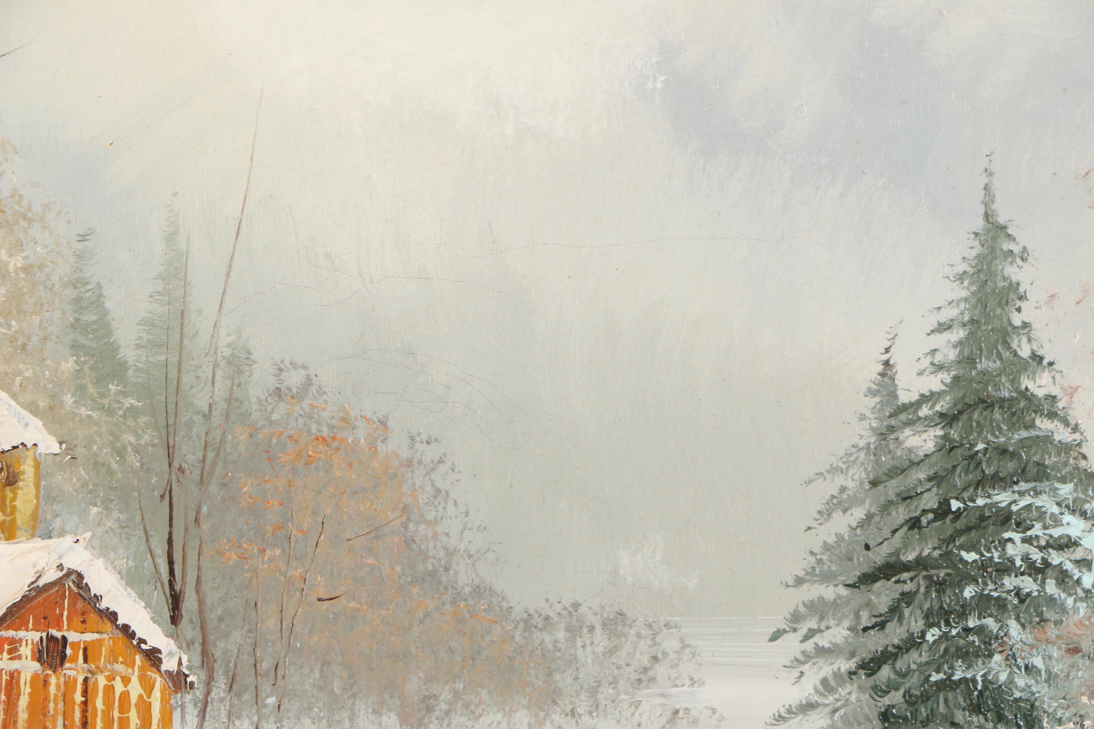 J. Medina Oil Painting on Canvas of a Snowy Barn