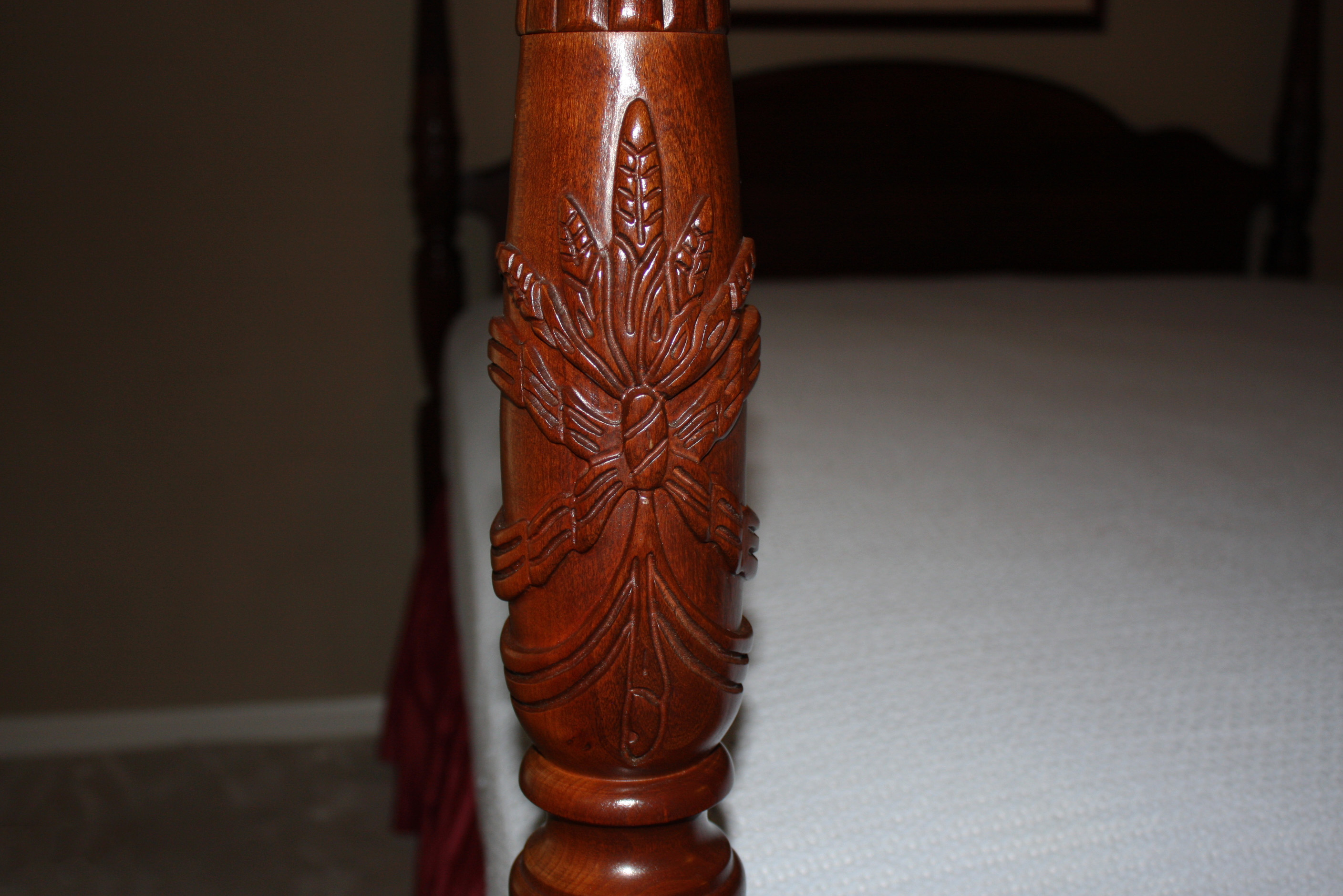 Cherry Four Poster Rice-Carved Bed with Step Stool