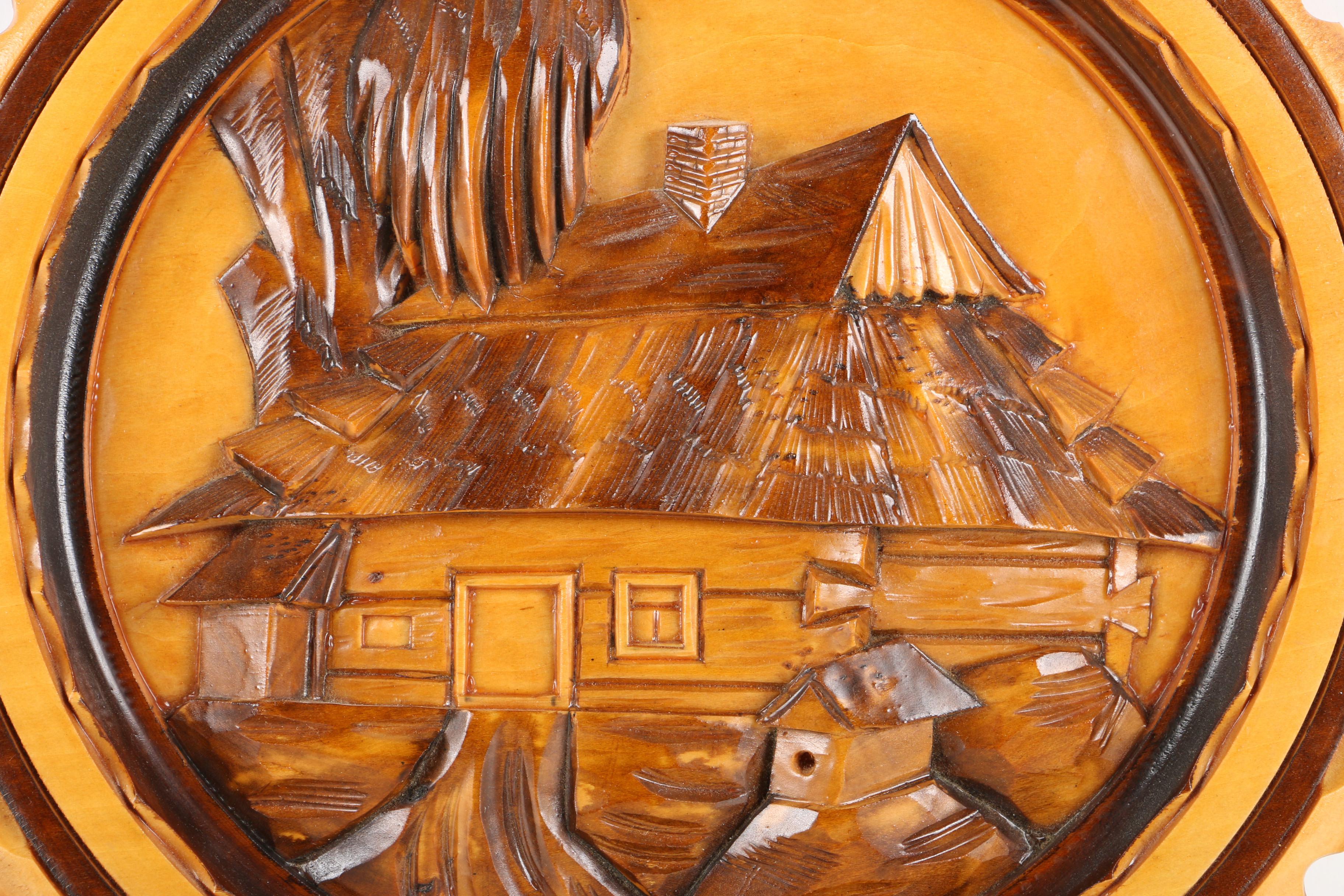 Polish Wooden Wall Hanging with Carved Relief of Rustic Cabin