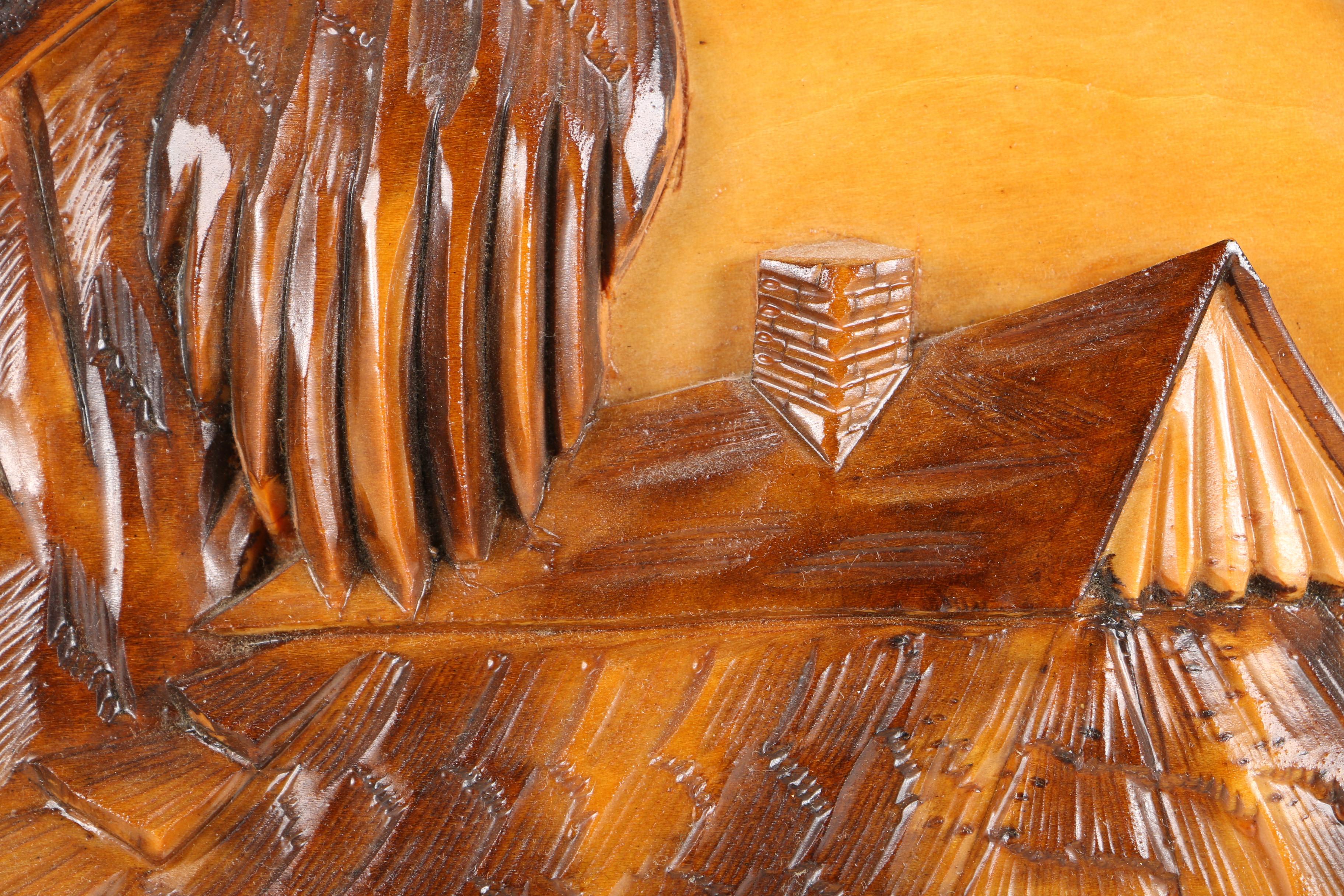 Polish Wooden Wall Hanging with Carved Relief of Rustic Cabin