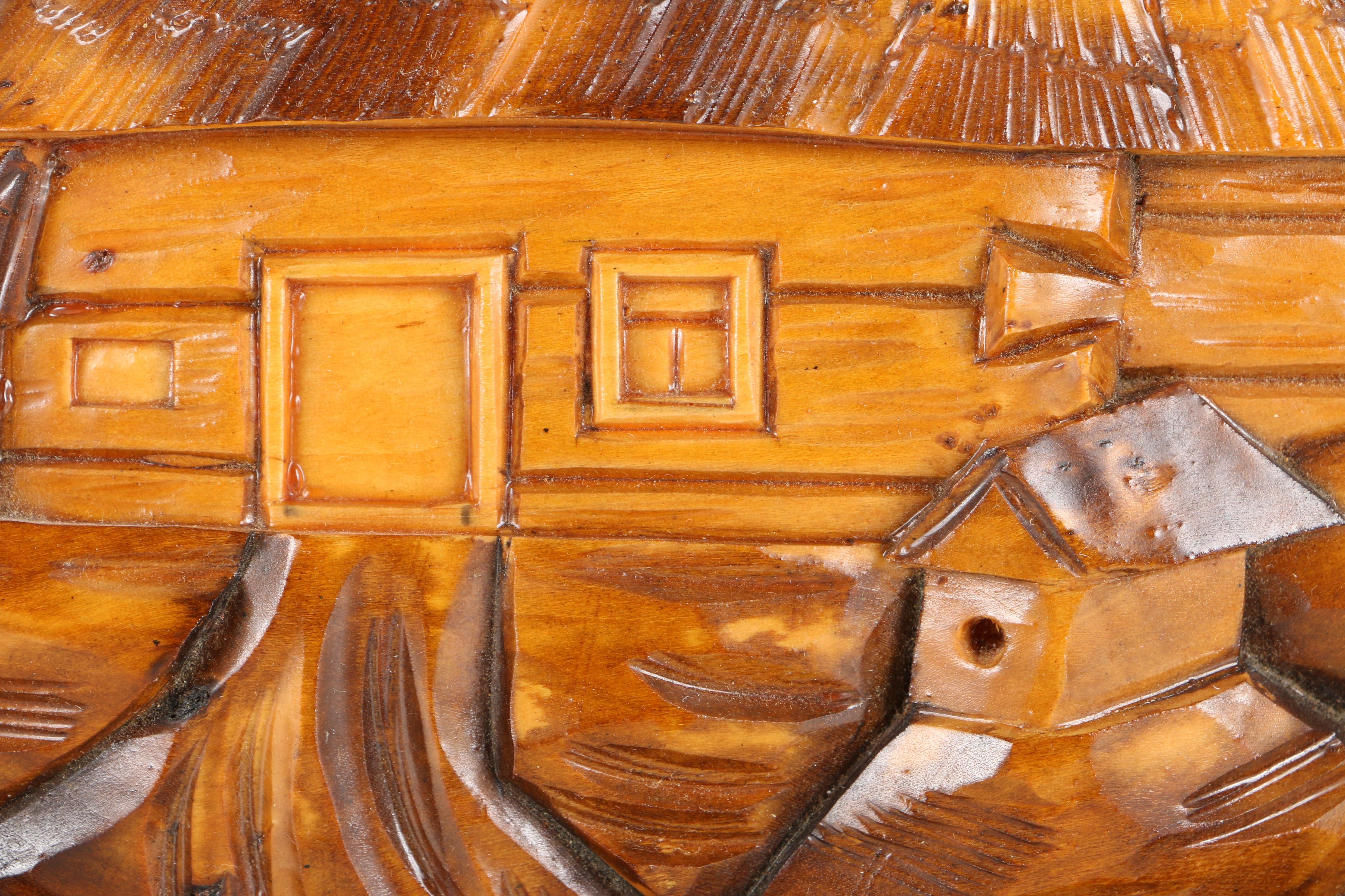Polish Wooden Wall Hanging with Carved Relief of Rustic Cabin