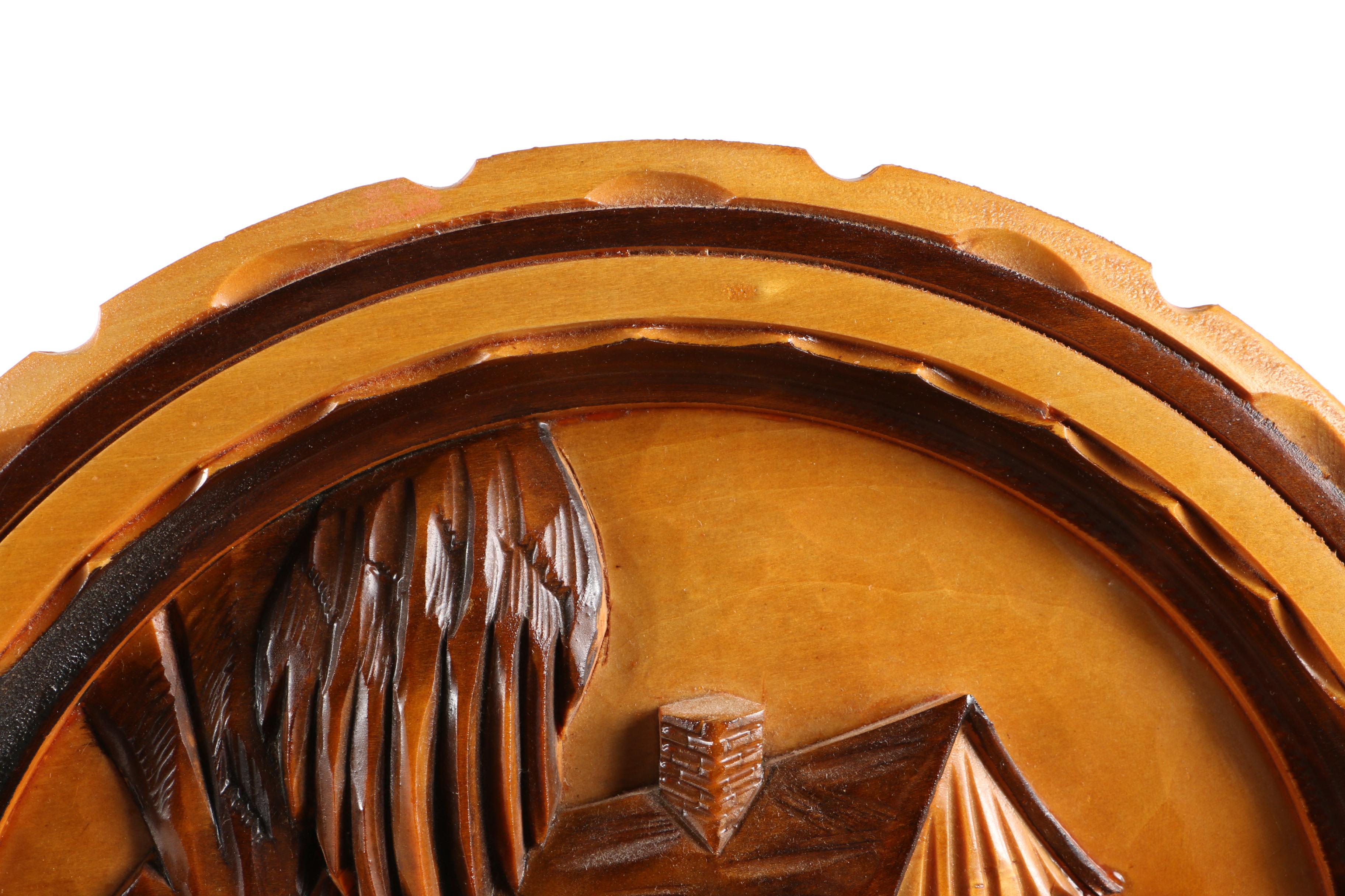 Polish Wooden Wall Hanging with Carved Relief of Rustic Cabin