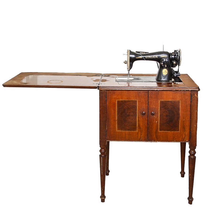 Vintage Singer Sewing Machine and Wood Cabinet