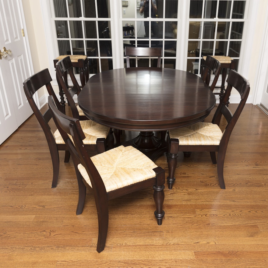 Pottery Barn "Montego" Mahogany Dining Table with Rush Seat Chairs and Stools