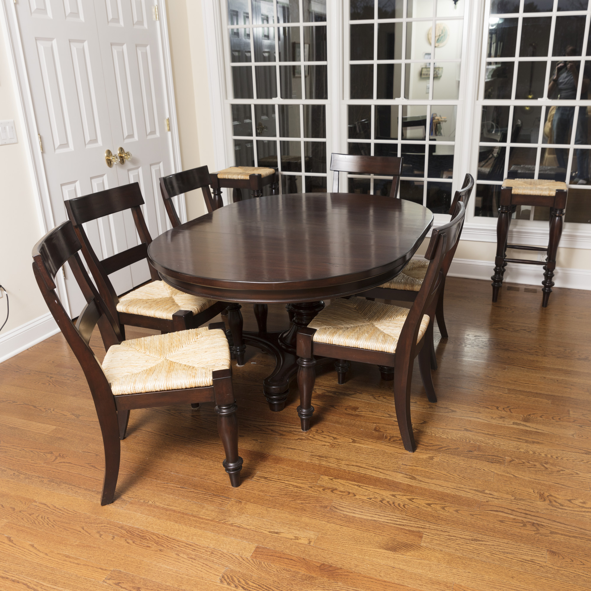 Pottery Barn "Montego" Mahogany Dining Table with Rush Seat Chairs and Stools