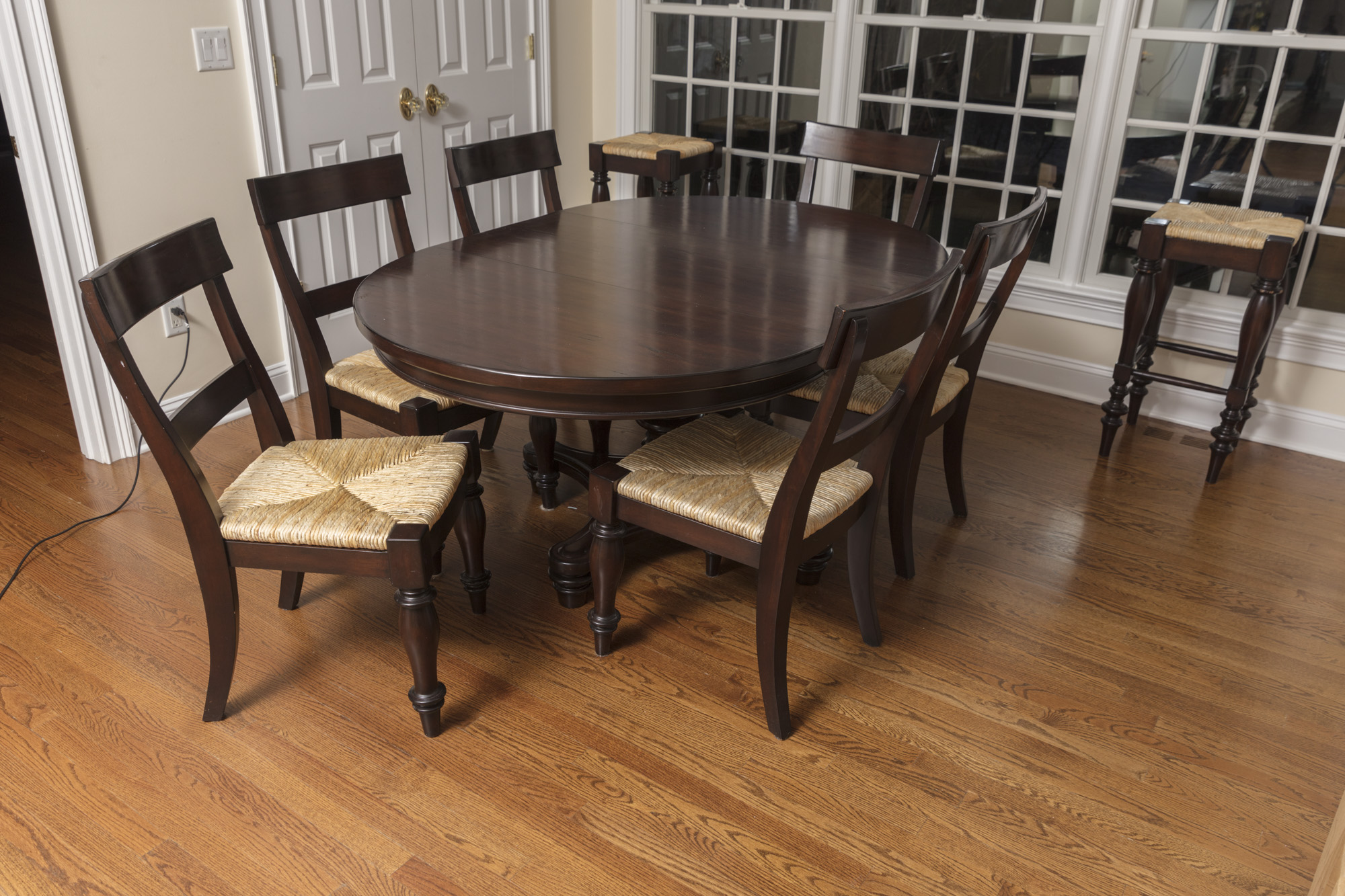 Pottery Barn "Montego" Mahogany Dining Table with Rush Seat Chairs and Stools