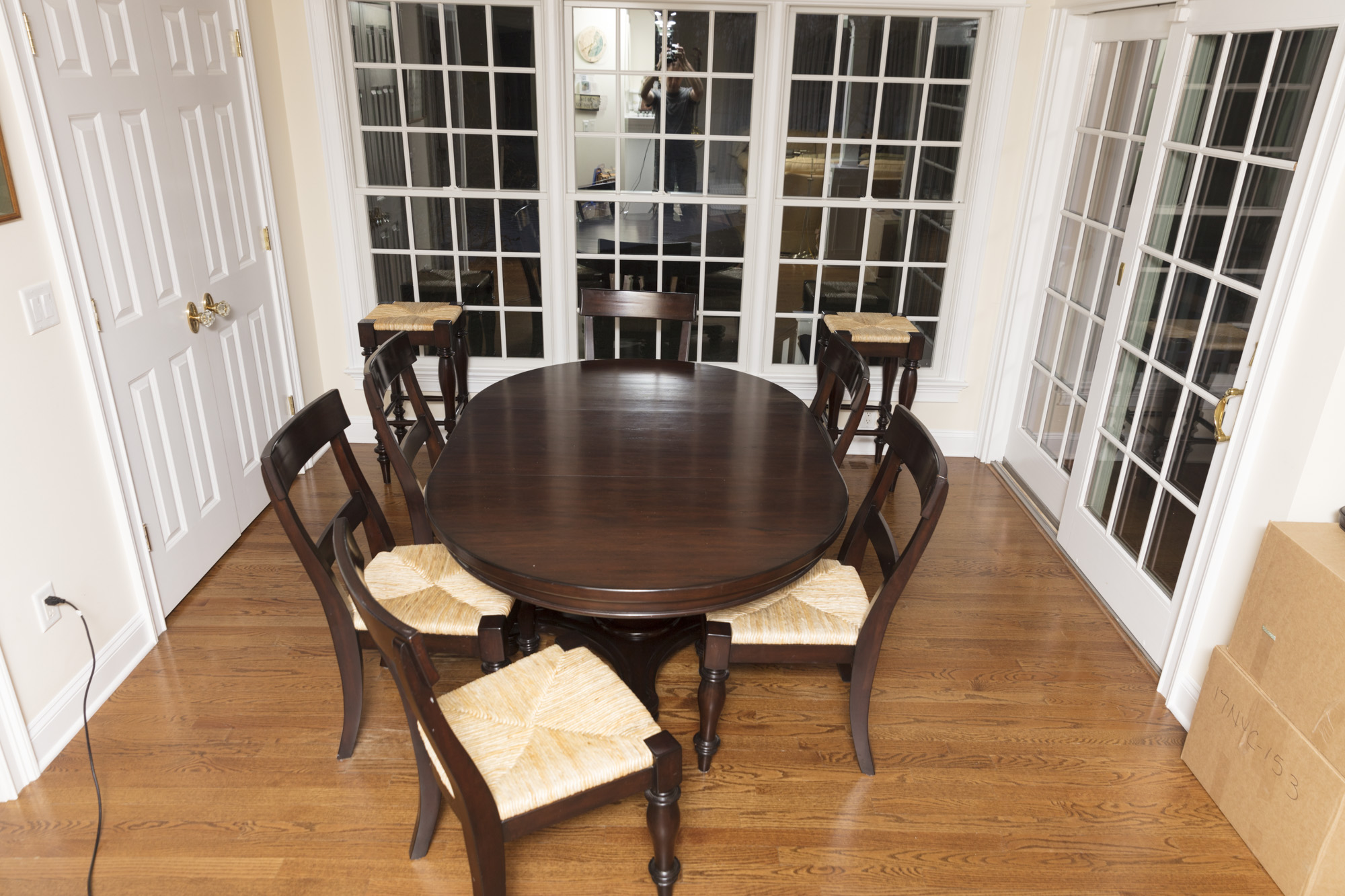 Pottery Barn "Montego" Mahogany Dining Table with Rush Seat Chairs and Stools