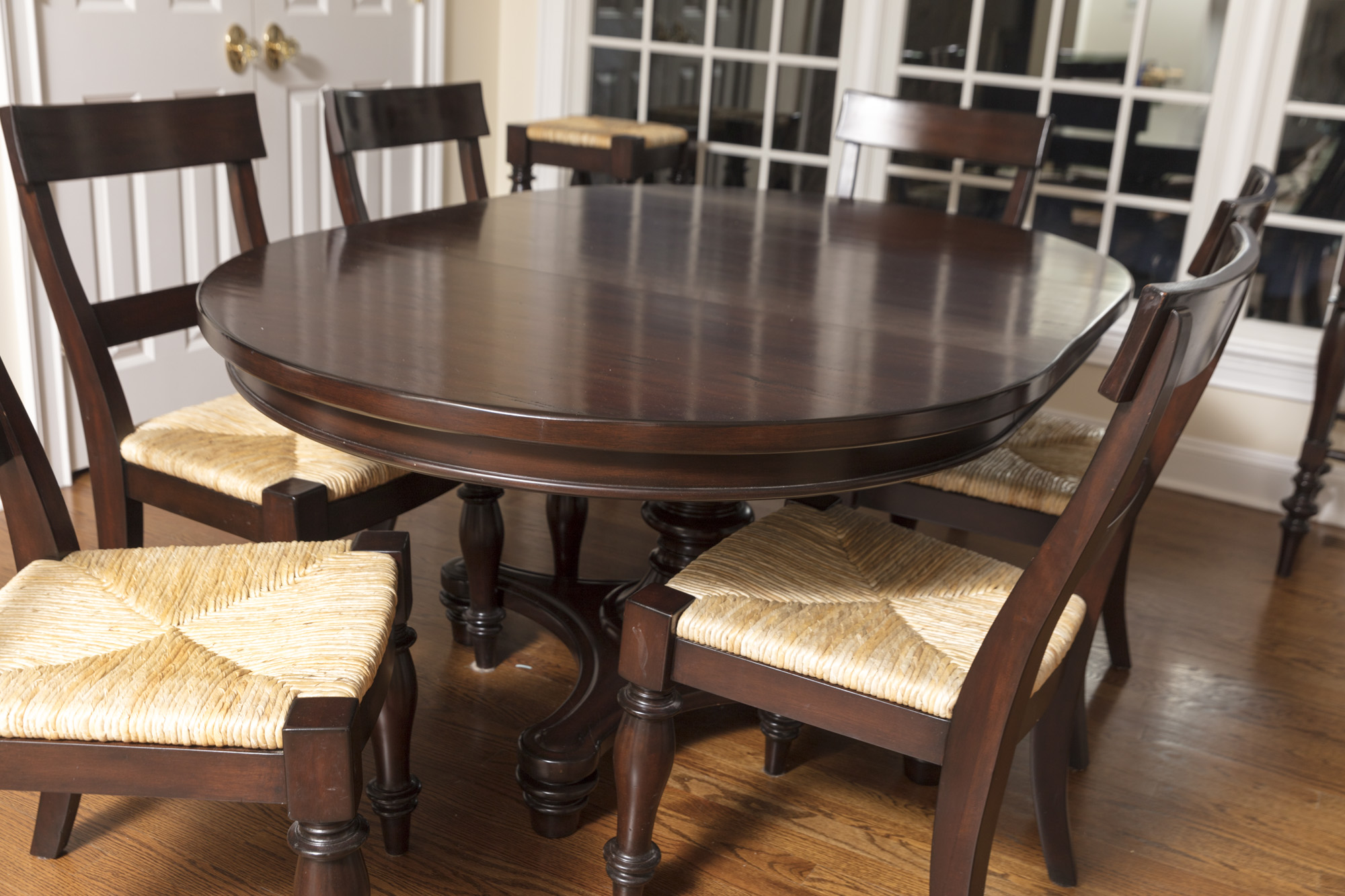 Pottery Barn "Montego" Mahogany Dining Table with Rush Seat Chairs and Stools