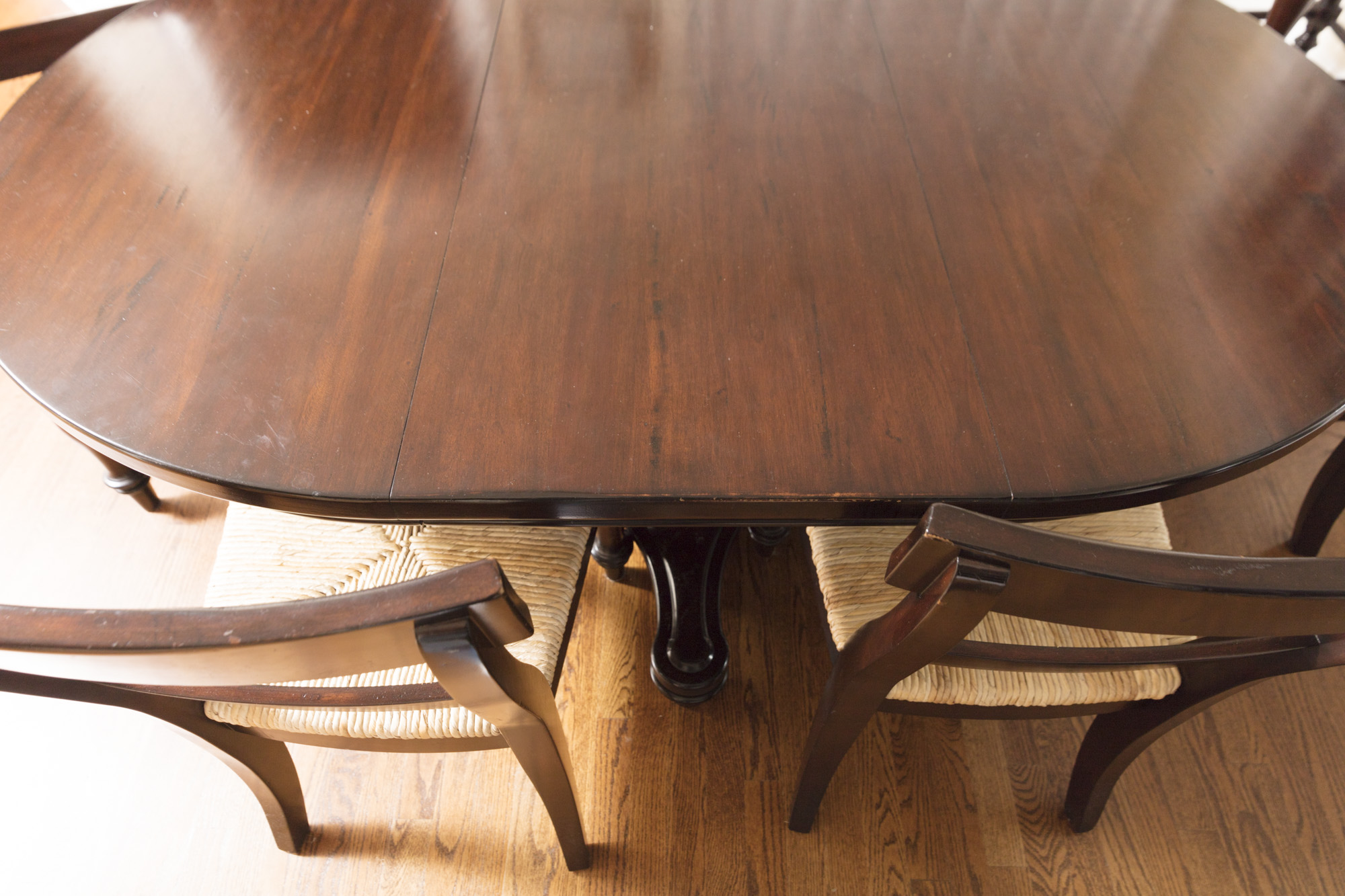 Pottery Barn "Montego" Mahogany Dining Table with Rush Seat Chairs and Stools