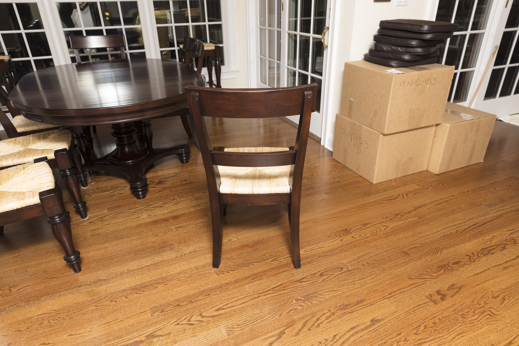 Pottery Barn "Montego" Mahogany Dining Table with Rush Seat Chairs and Stools