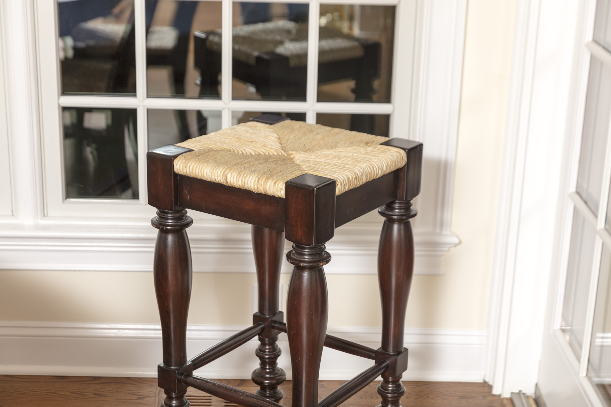 Pottery Barn "Montego" Mahogany Dining Table with Rush Seat Chairs and Stools