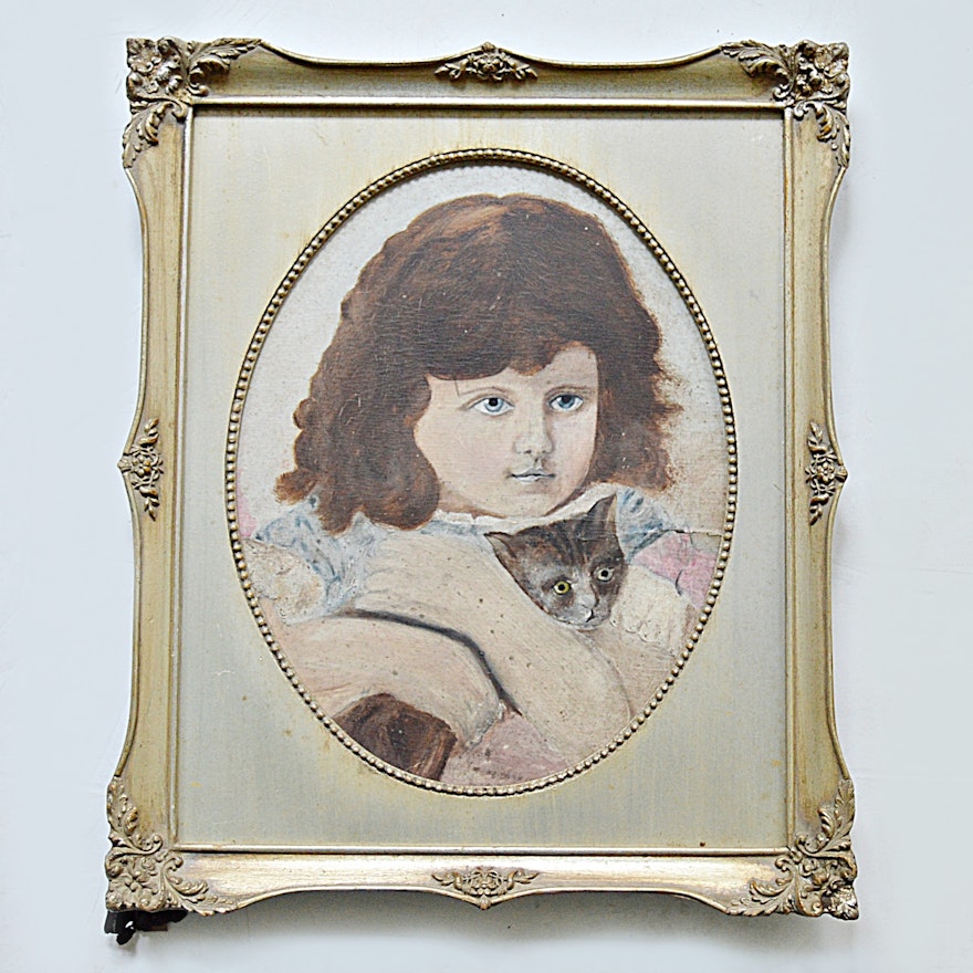 19th-Century Original Oil on Board Portrait of a Young Girl and a Cat