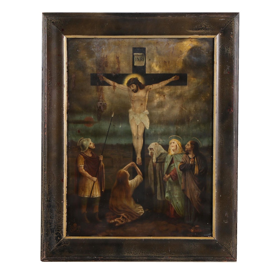 Reproduction Print on Metal After C. Del Tufo Painting of the Crucifixion