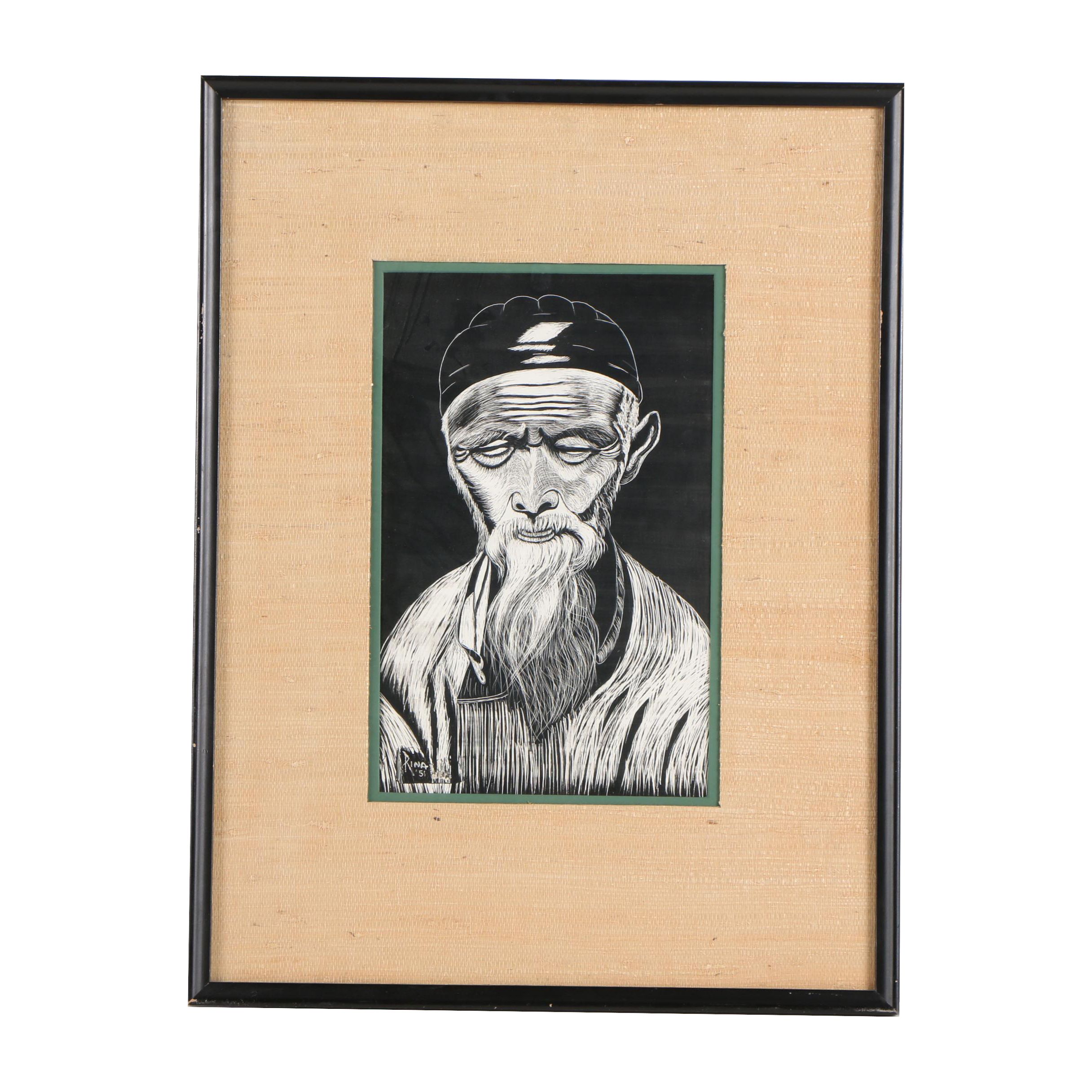 Rina Scratchboard Illustration of an Elderly Man