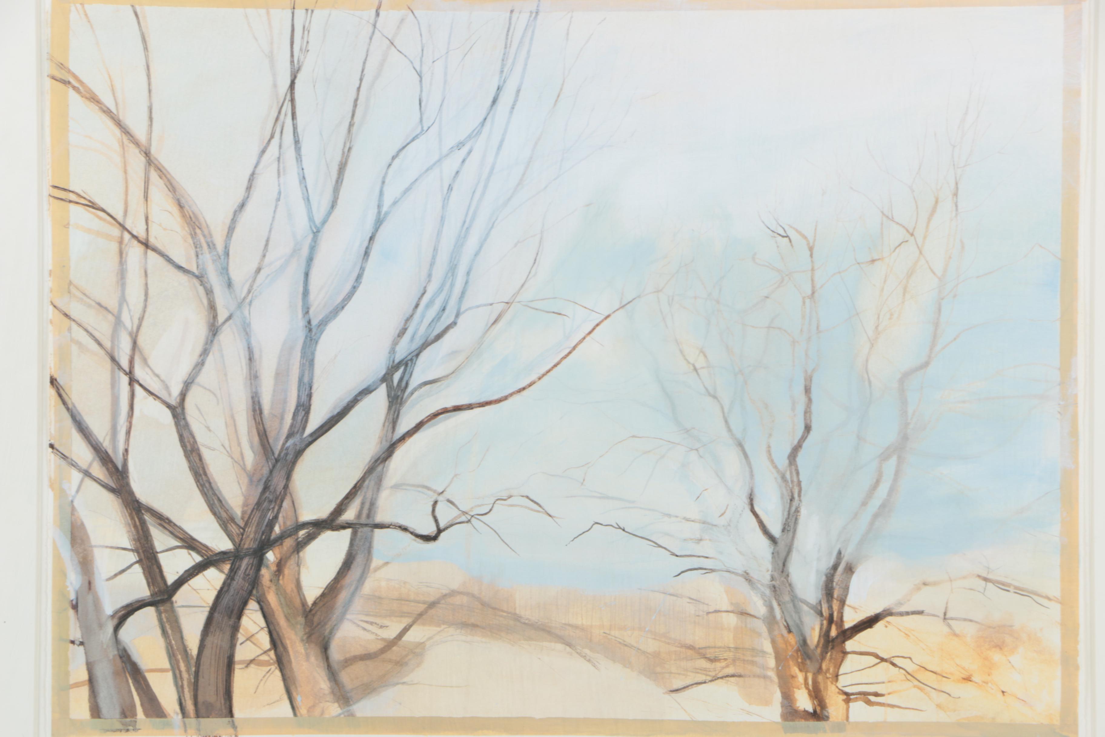 Sylvia Plimack Mangold 1986 Mixed Media Painting on Paper "Birches by the Pond"