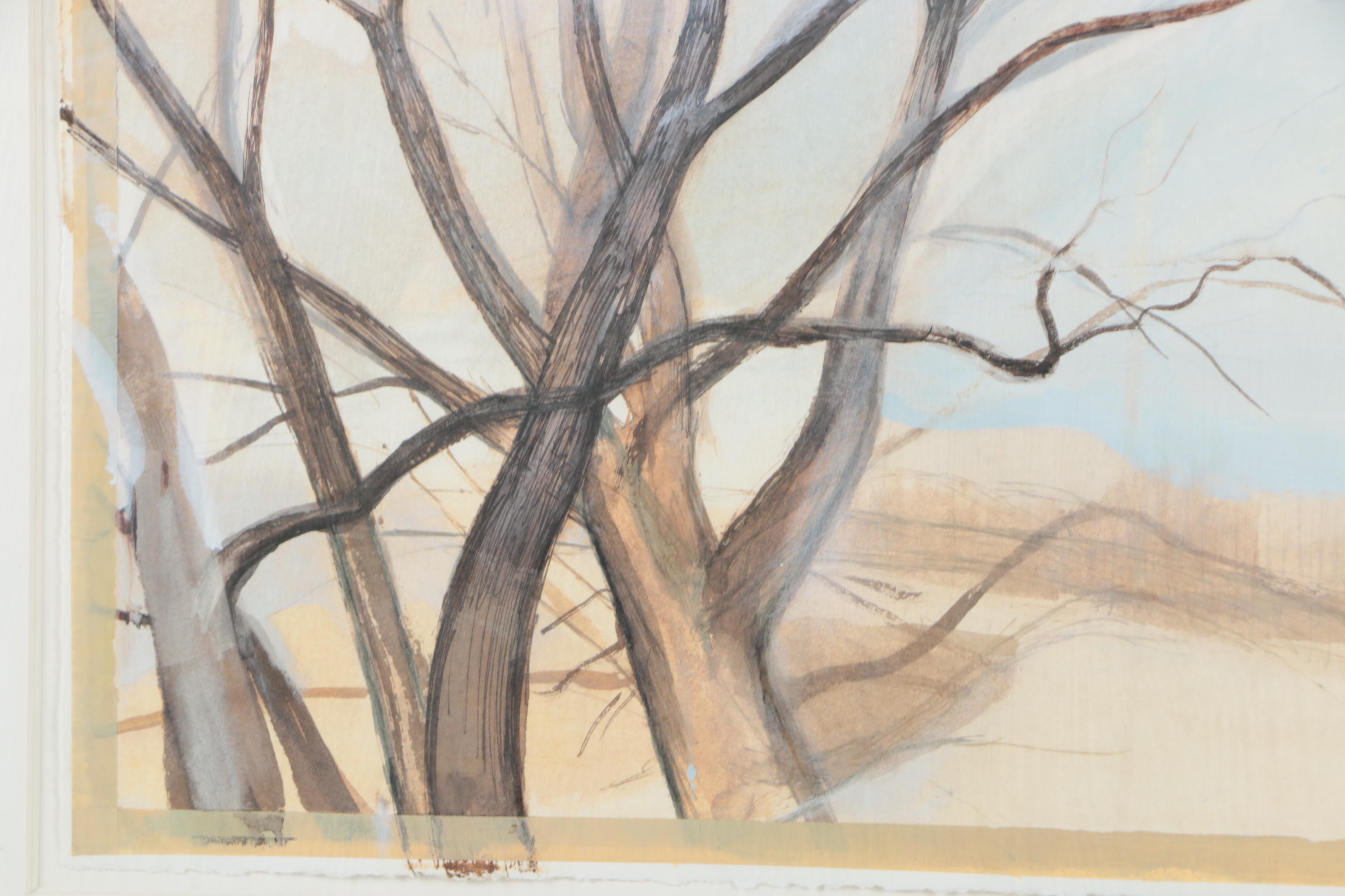 Sylvia Plimack Mangold 1986 Mixed Media Painting on Paper "Birches by the Pond"