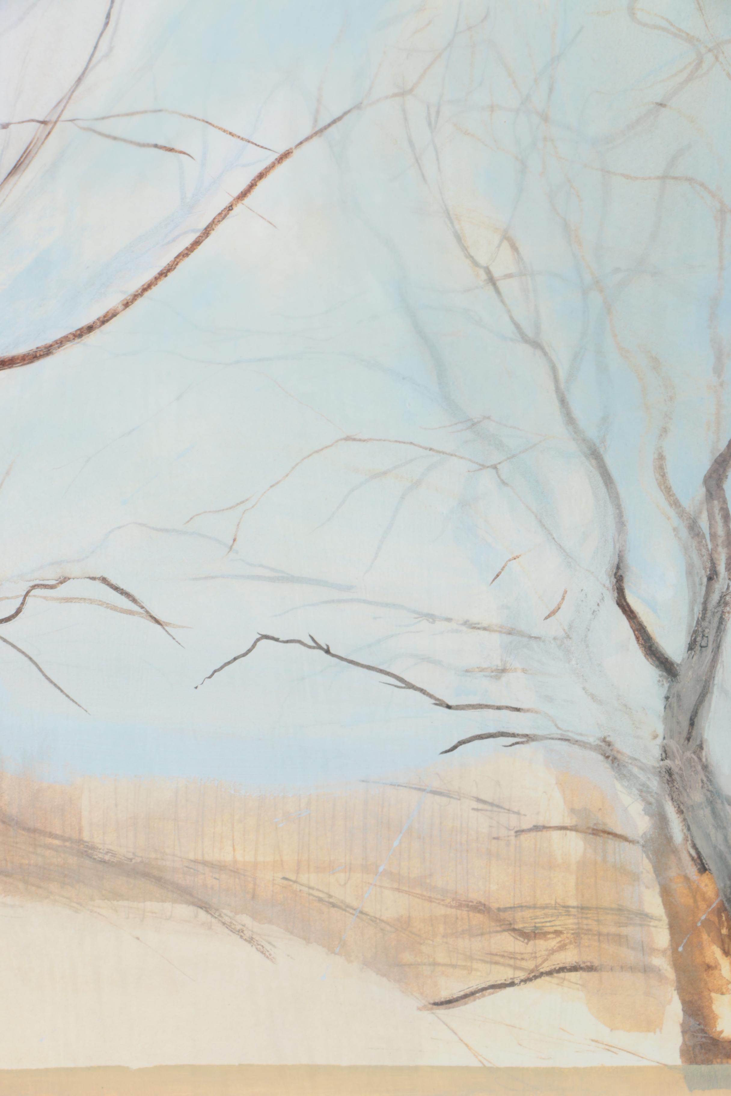 Sylvia Plimack Mangold 1986 Mixed Media Painting on Paper "Birches by the Pond"