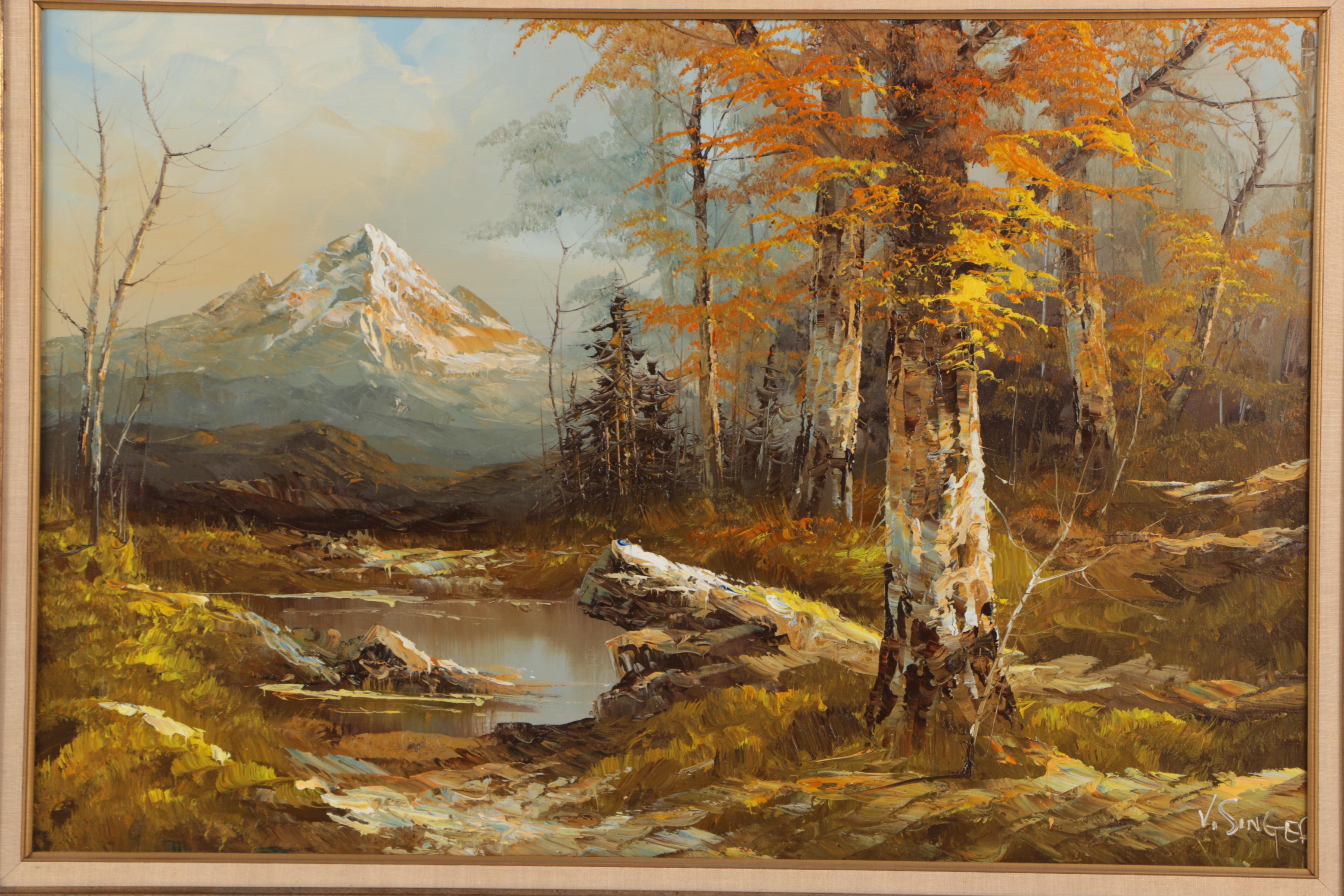 V. Singer Oil Painting on Canvas Wooded Landscape