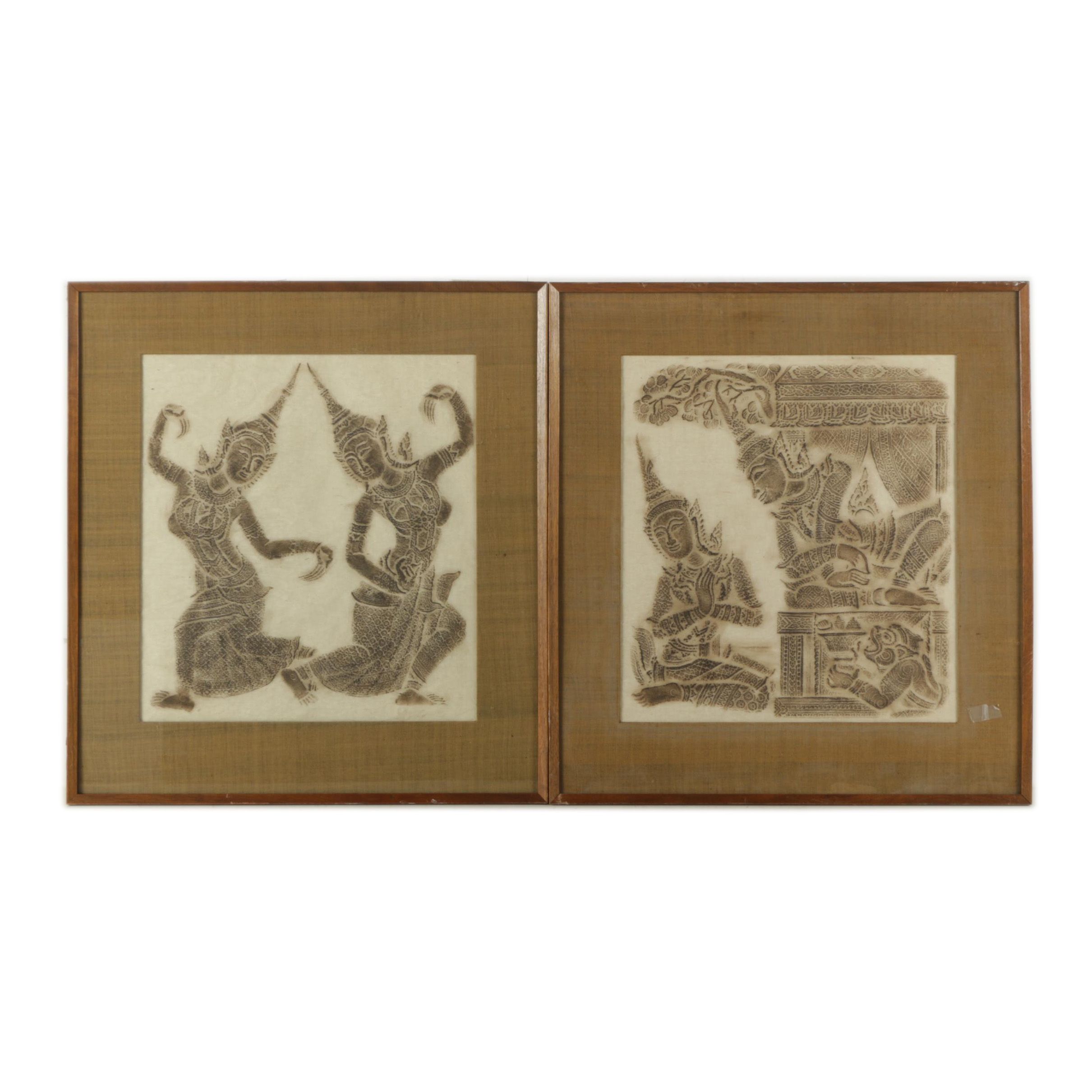 Thai Relief Rubbings Featuring Ramakien Scene