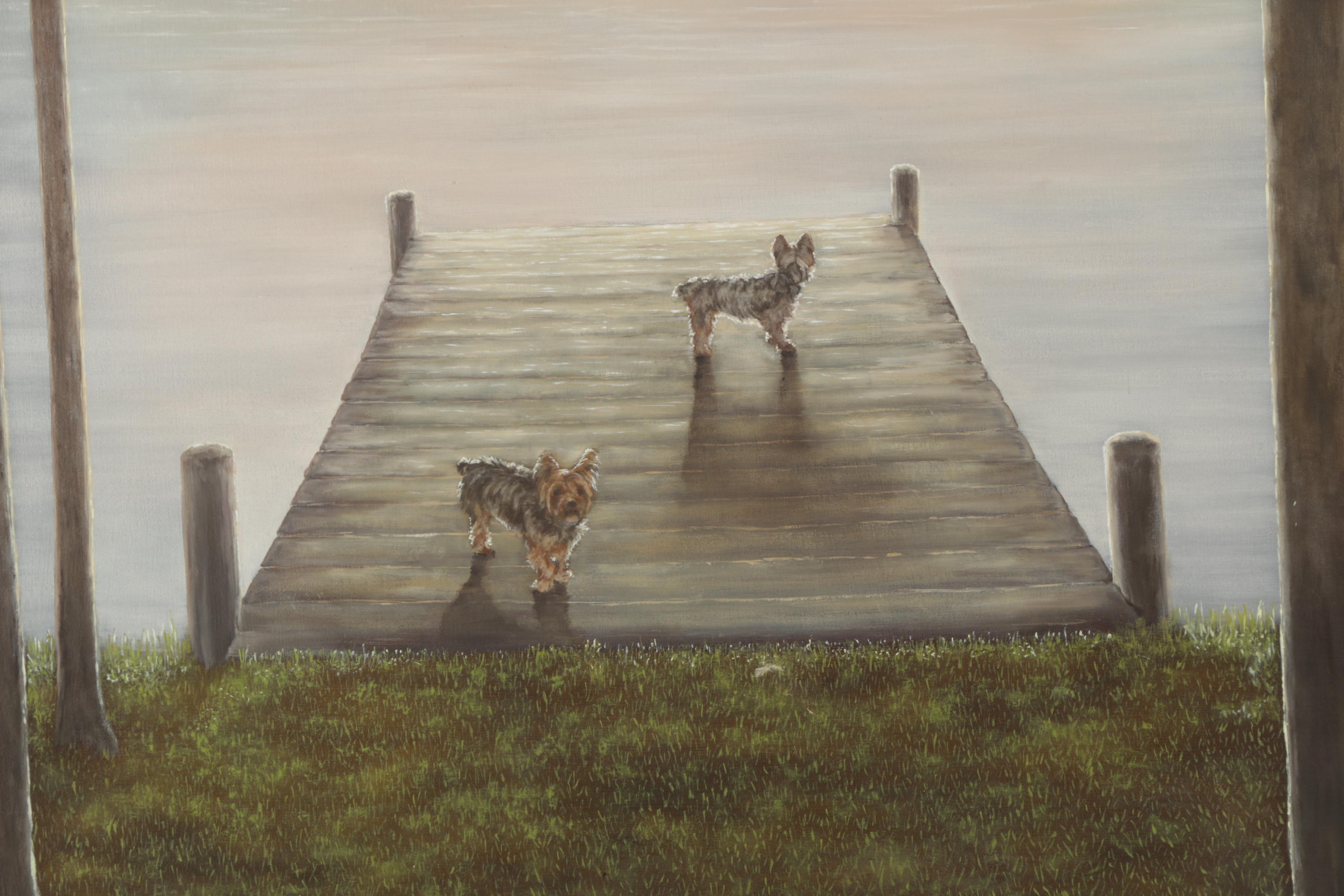 Amanda "Alengels" Engels Oil Painting on Canvas of Dogs on a Dock