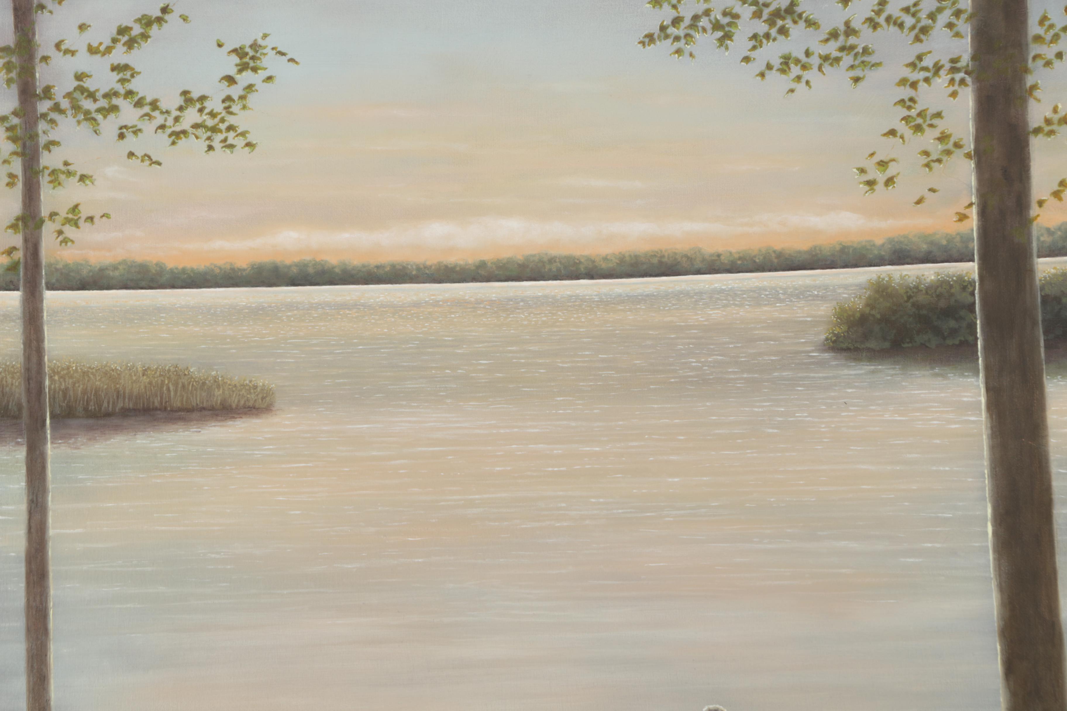 Amanda "Alengels" Engels Oil Painting on Canvas of Dogs on a Dock