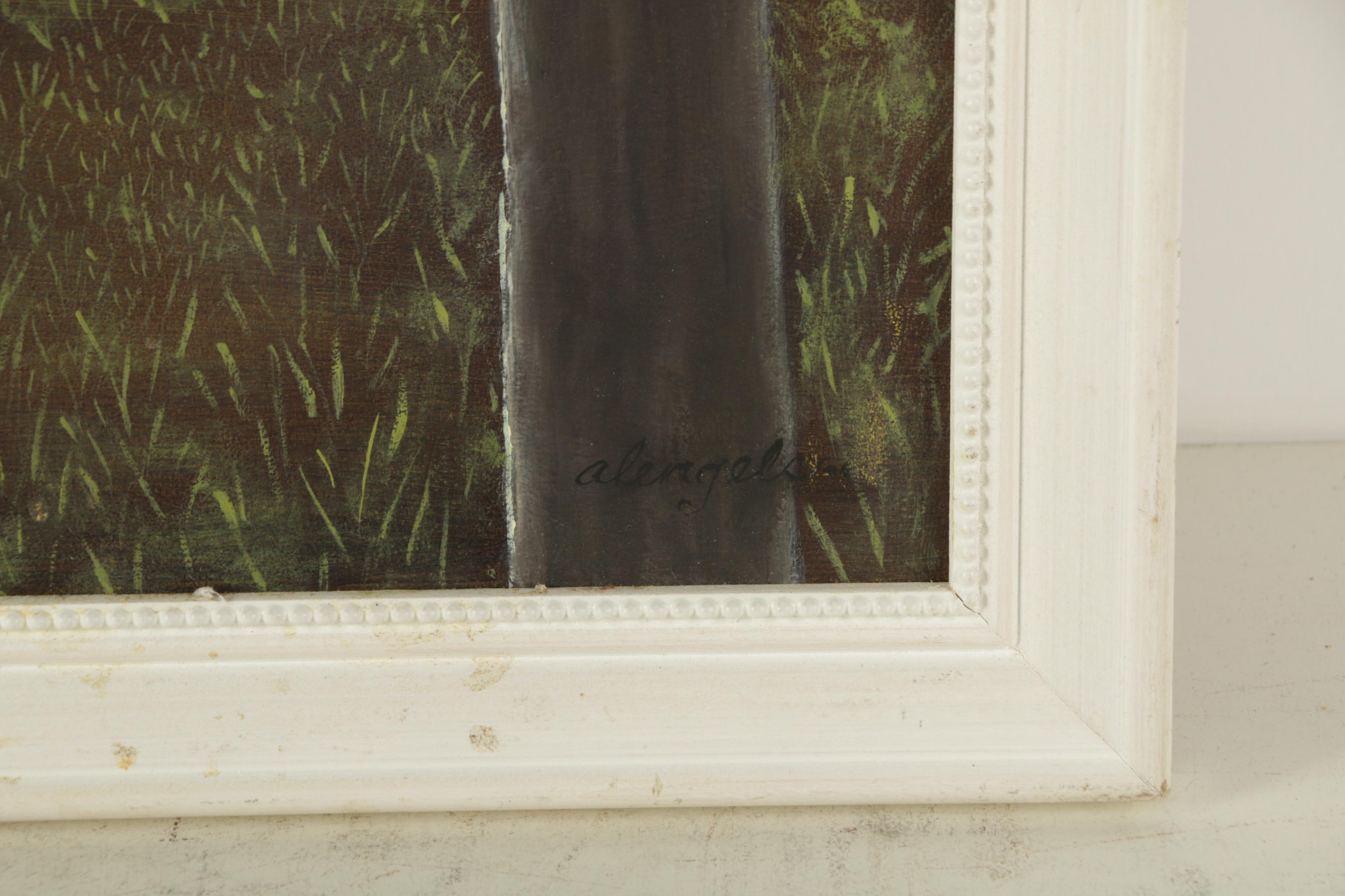 Amanda "Alengels" Engels Oil Painting on Canvas of Dogs on a Dock