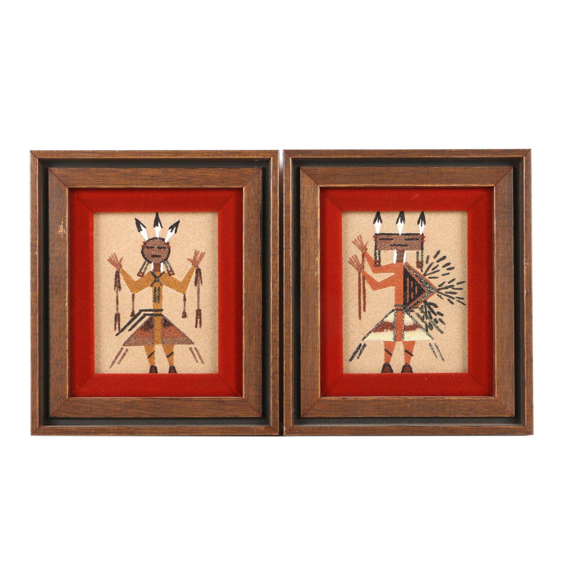 Pair of Dyed Sand Art on Board of Figures