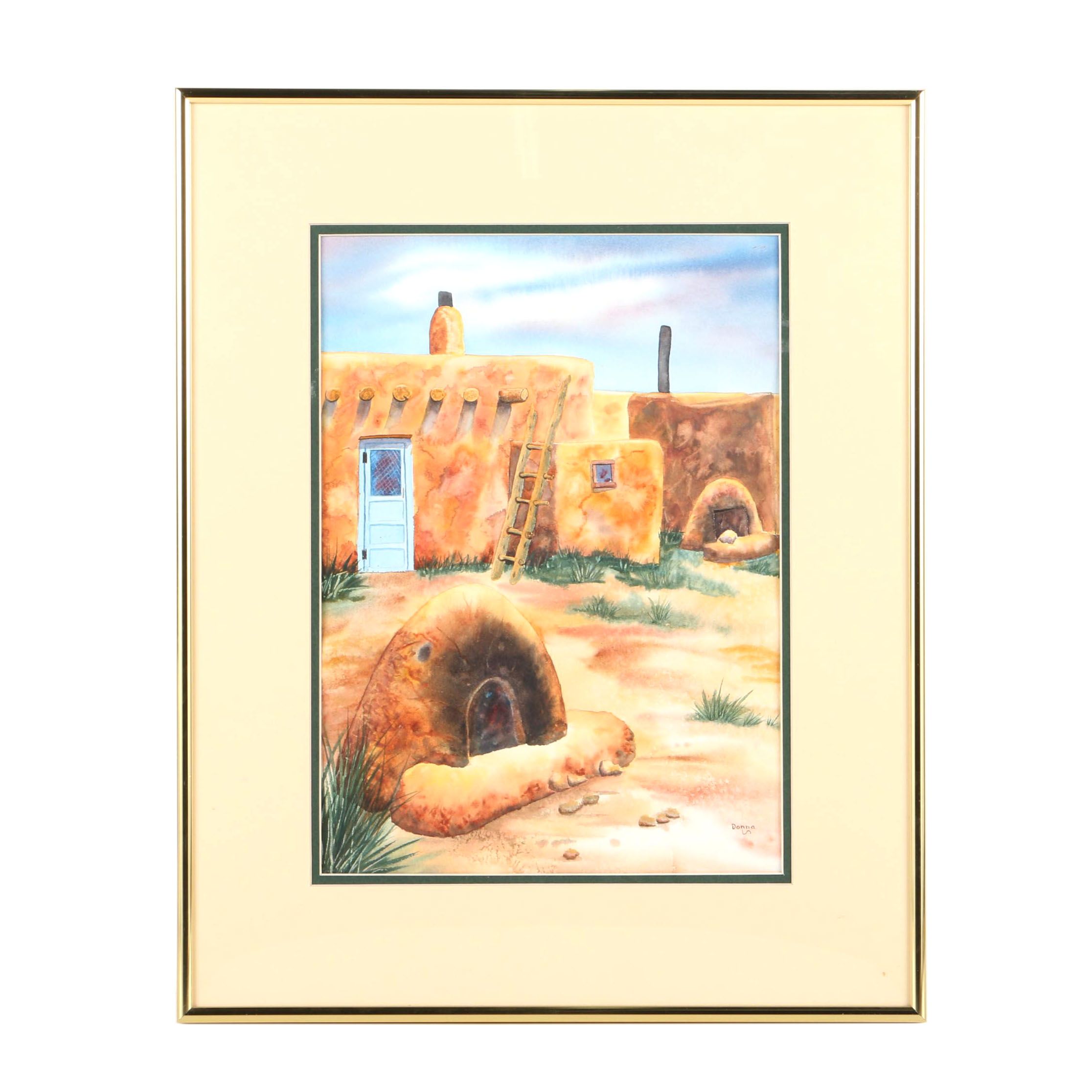 Donna Watercolor Painting on Paper of Pueblo Style Town