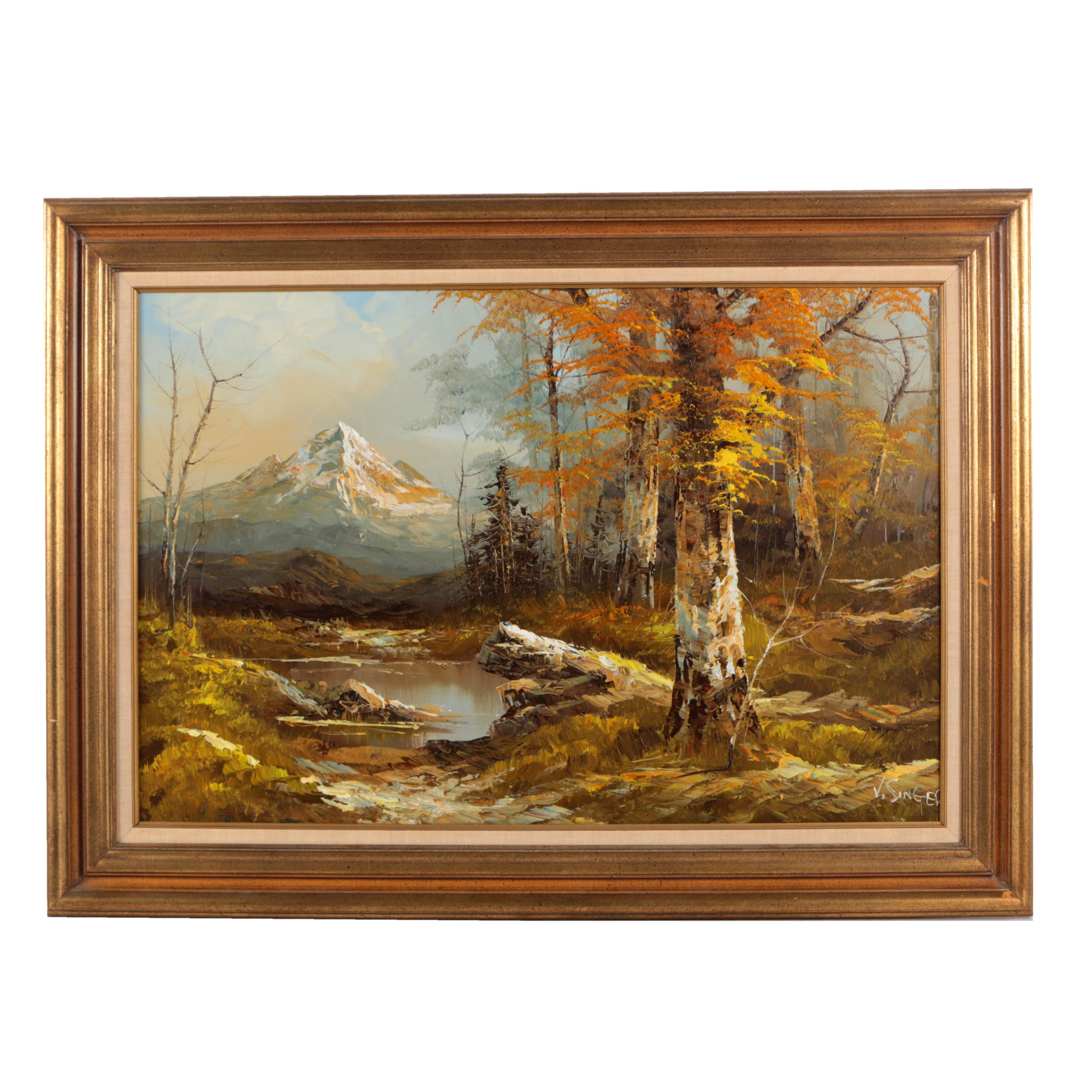 V. Singer Oil Painting on Canvas Wooded Landscape