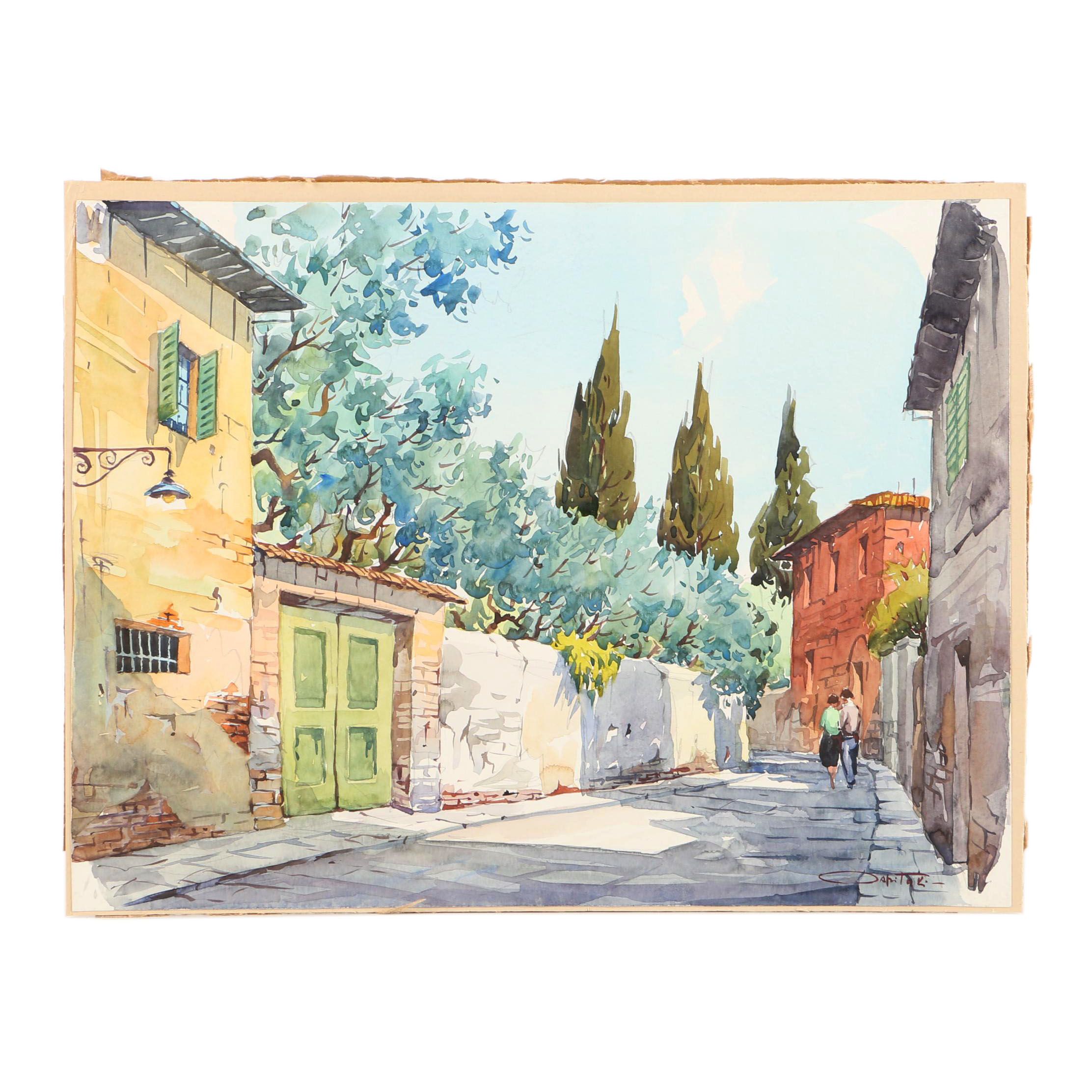 Watercolor Painting on Paper of Rustic Town Scene