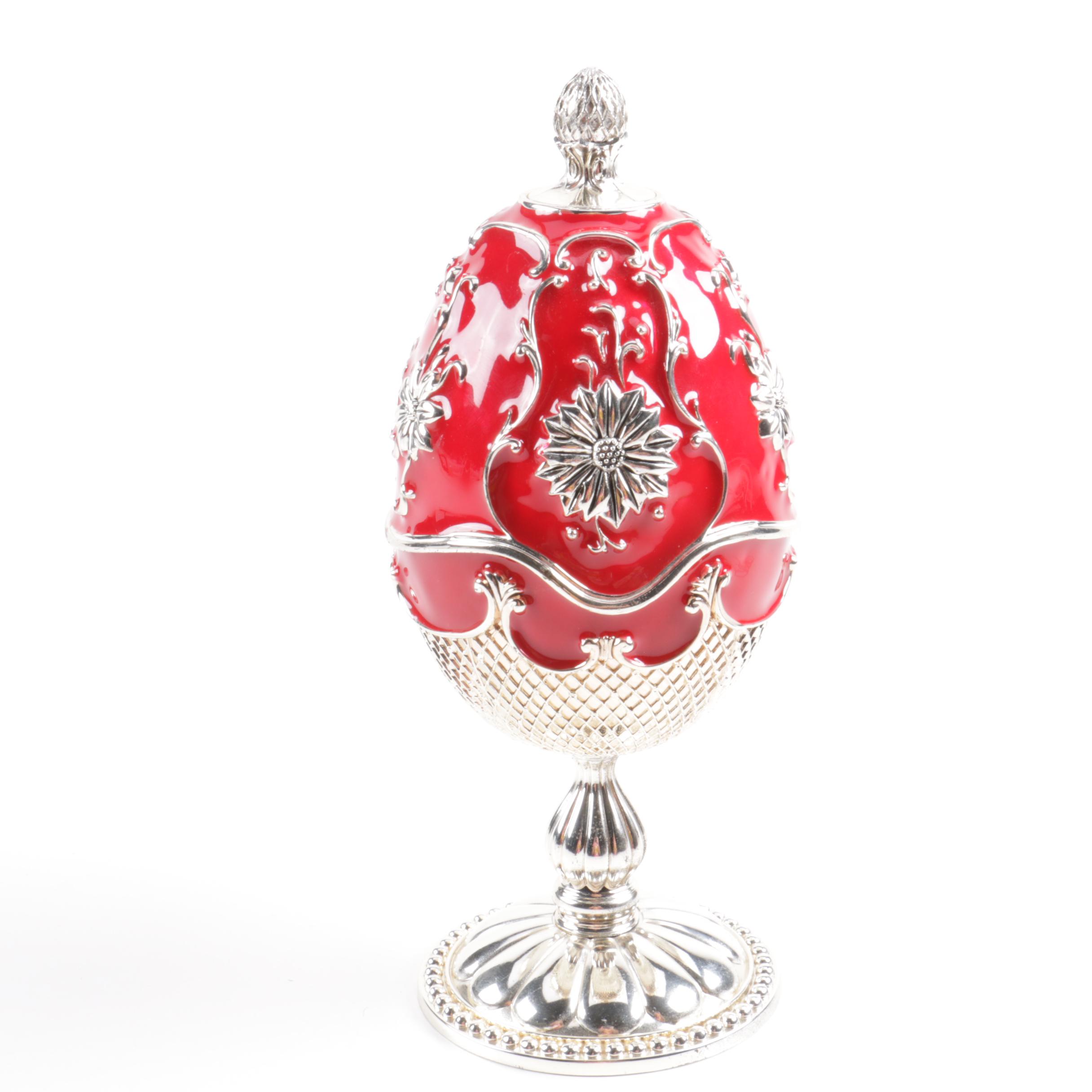 Wallace Red Enamel and Silver Plate Musical Egg with Nativity Surprise