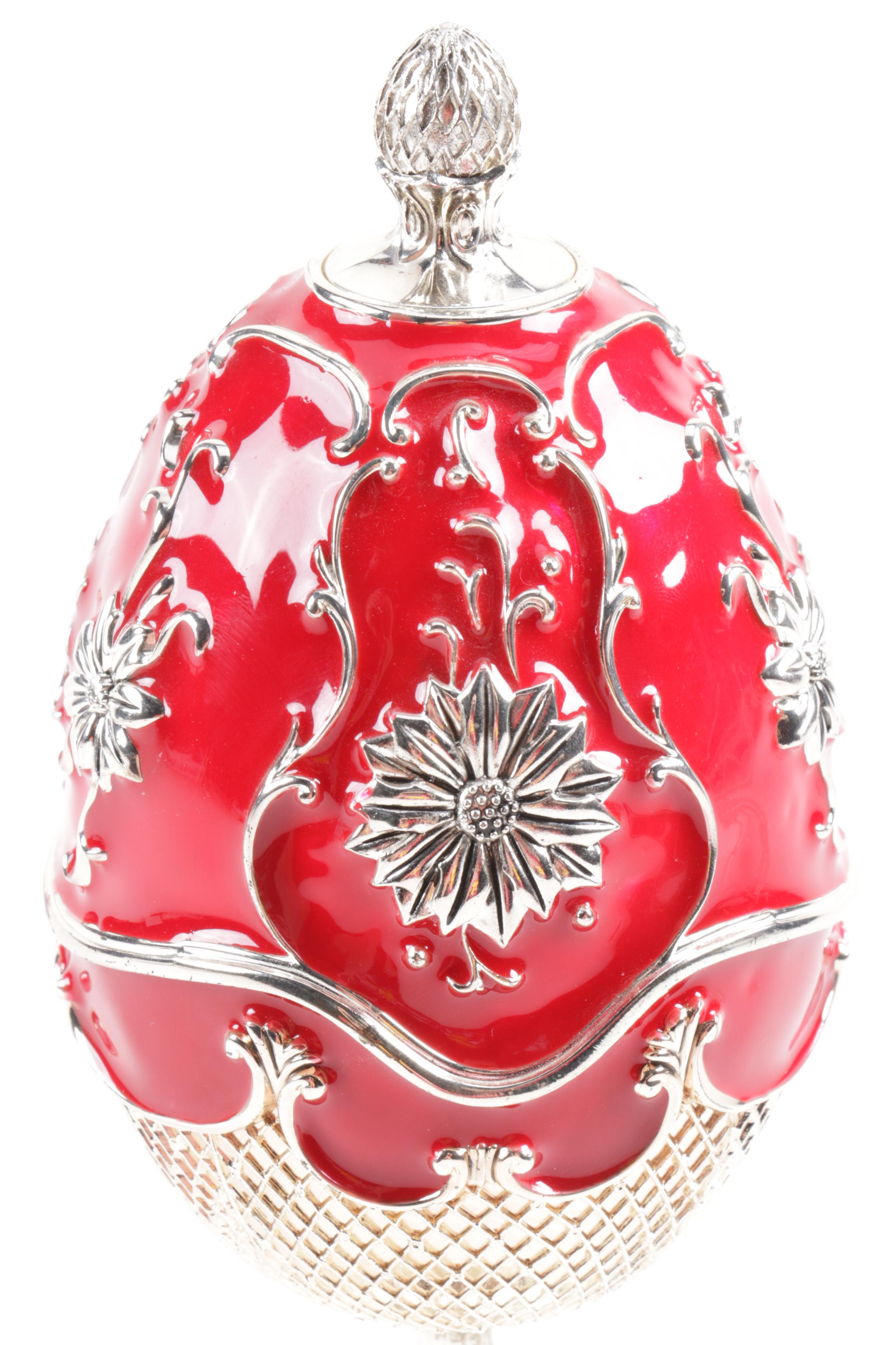 Wallace Red Enamel and Silver Plate Musical Egg with Nativity Surprise