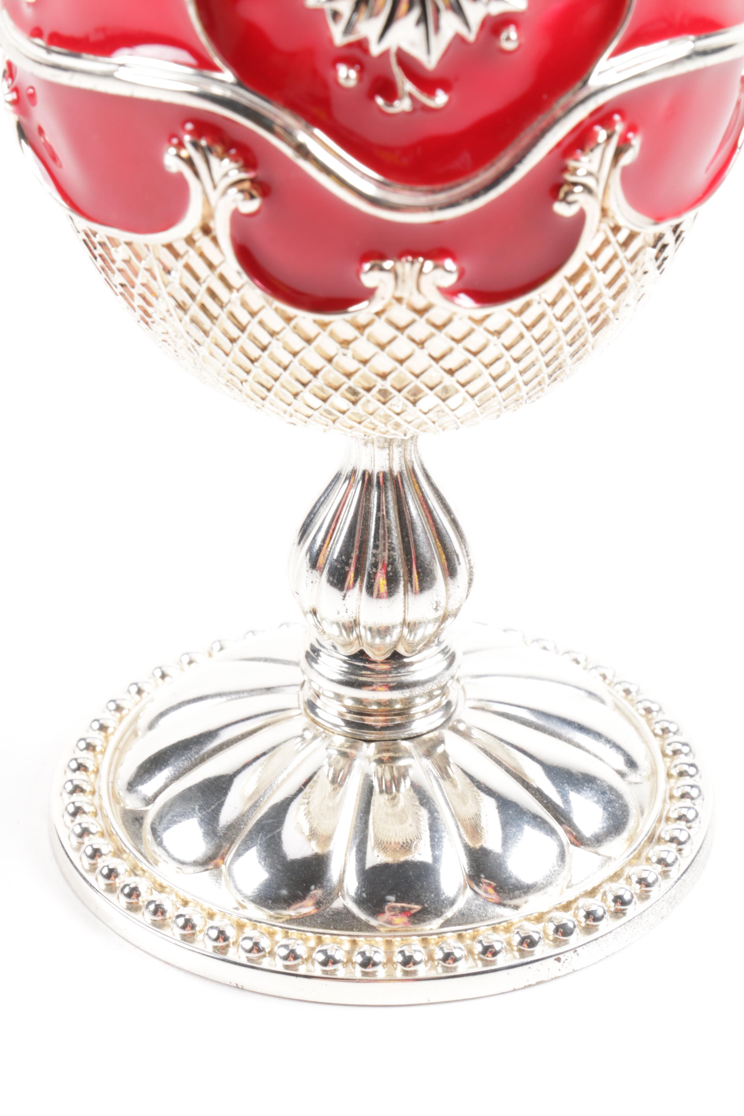 Wallace Red Enamel and Silver Plate Musical Egg with Nativity Surprise