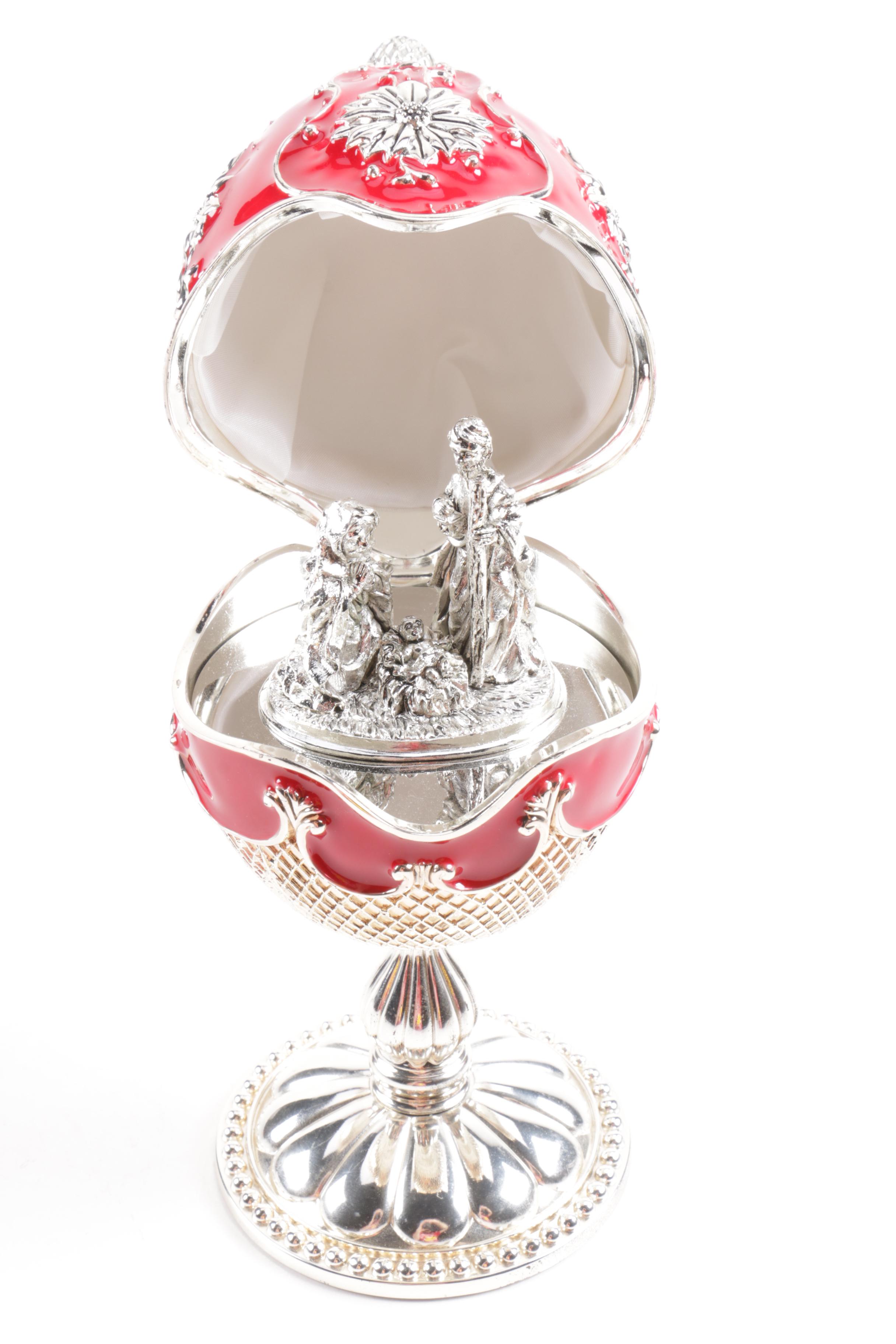 Wallace Red Enamel and Silver Plate Musical Egg with Nativity Surprise
