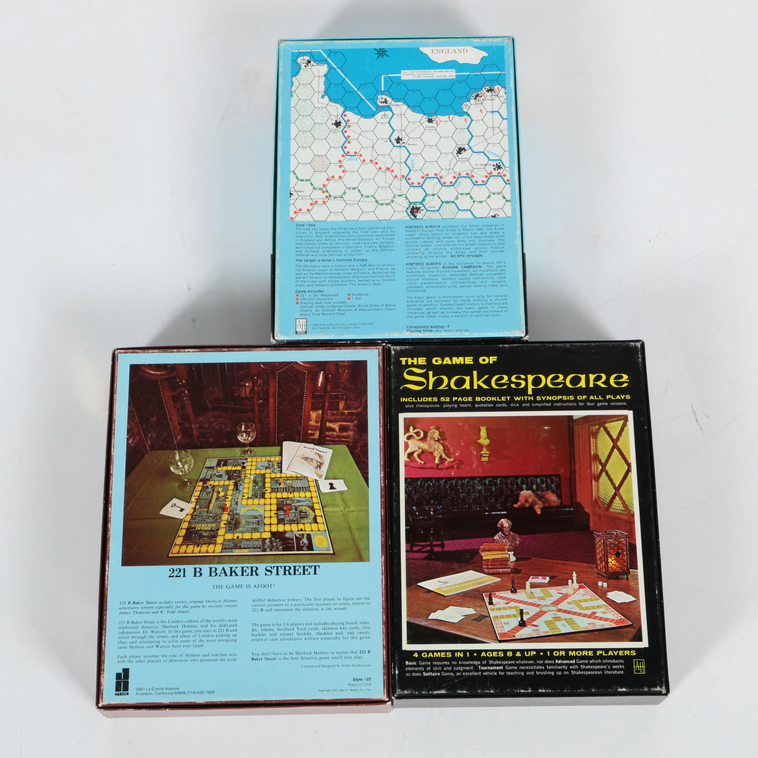 Games Including Avalon Hill "Fortress Europa" and "The Game of Shakespeare"
