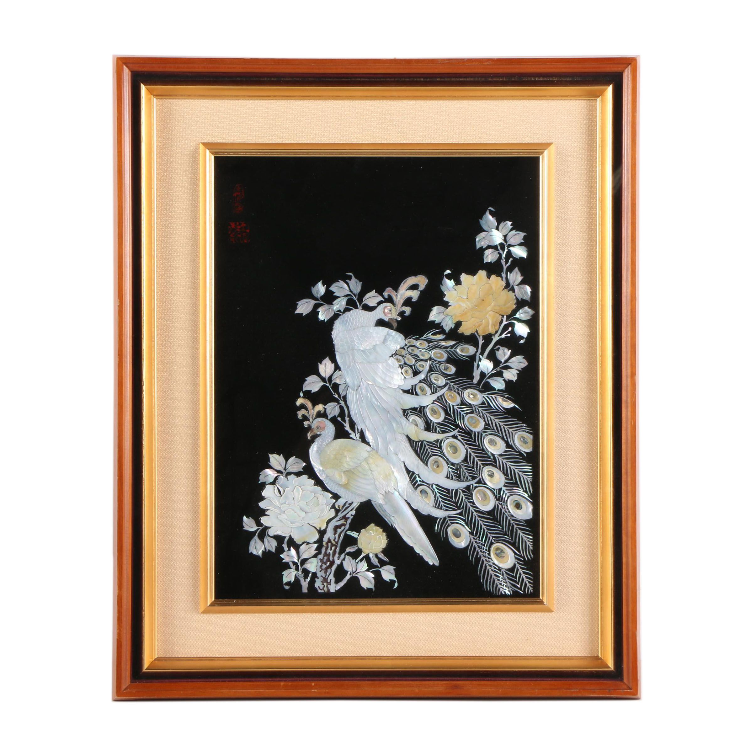 East Asian Style Mixed Media Collage of Peacocks