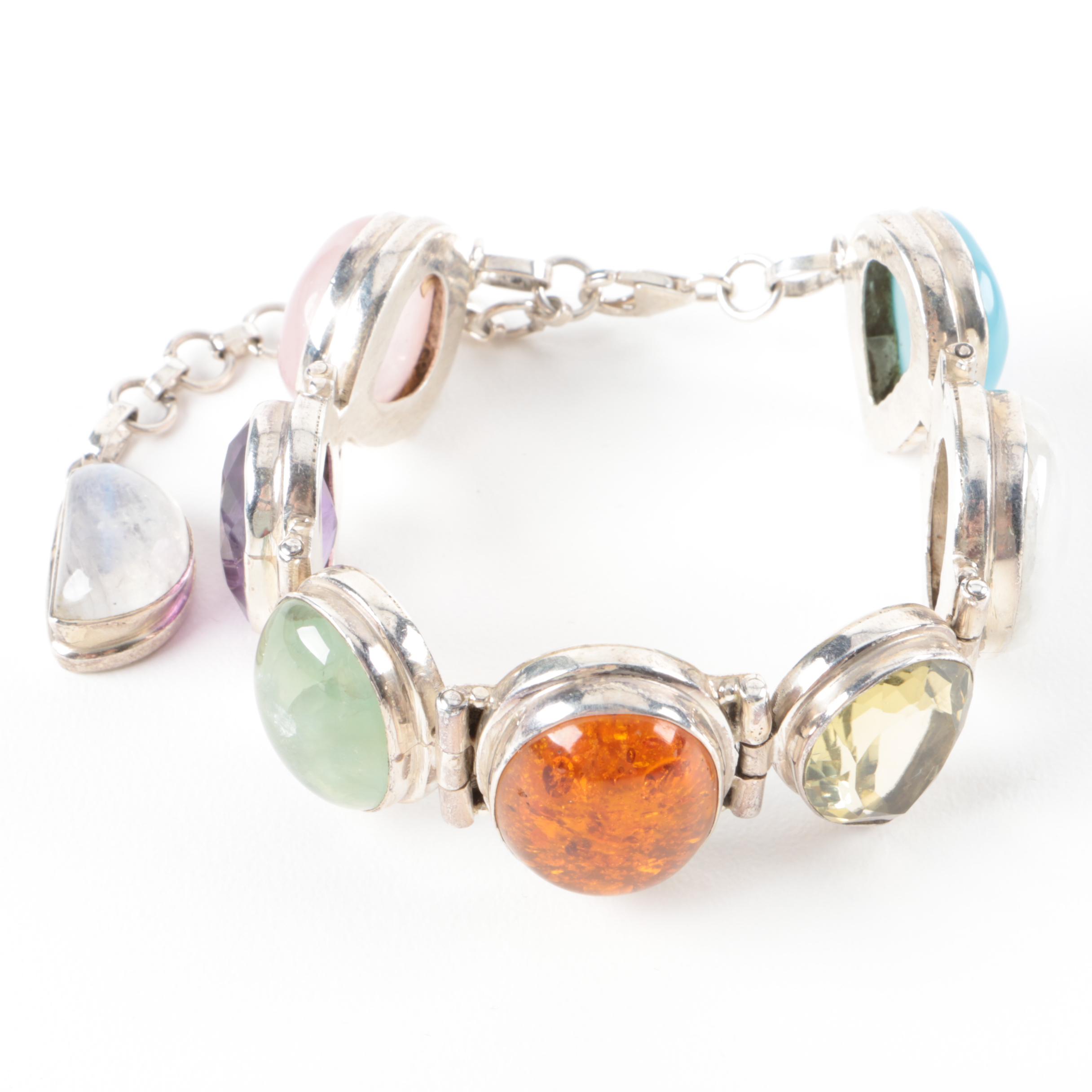 Sterling Silver Bezel Set Gemstone Bracelet