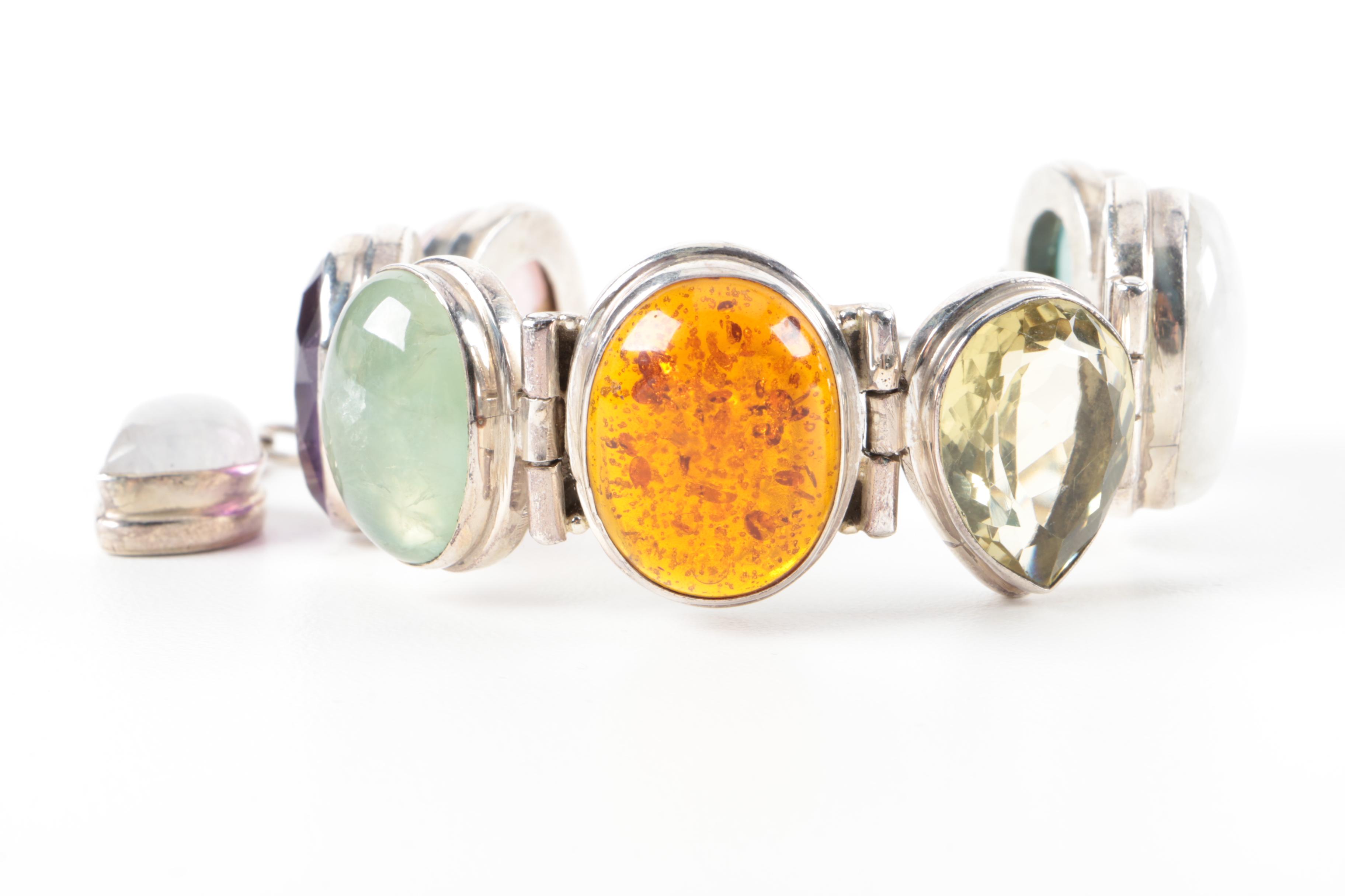 Sterling Silver Bezel Set Gemstone Bracelet