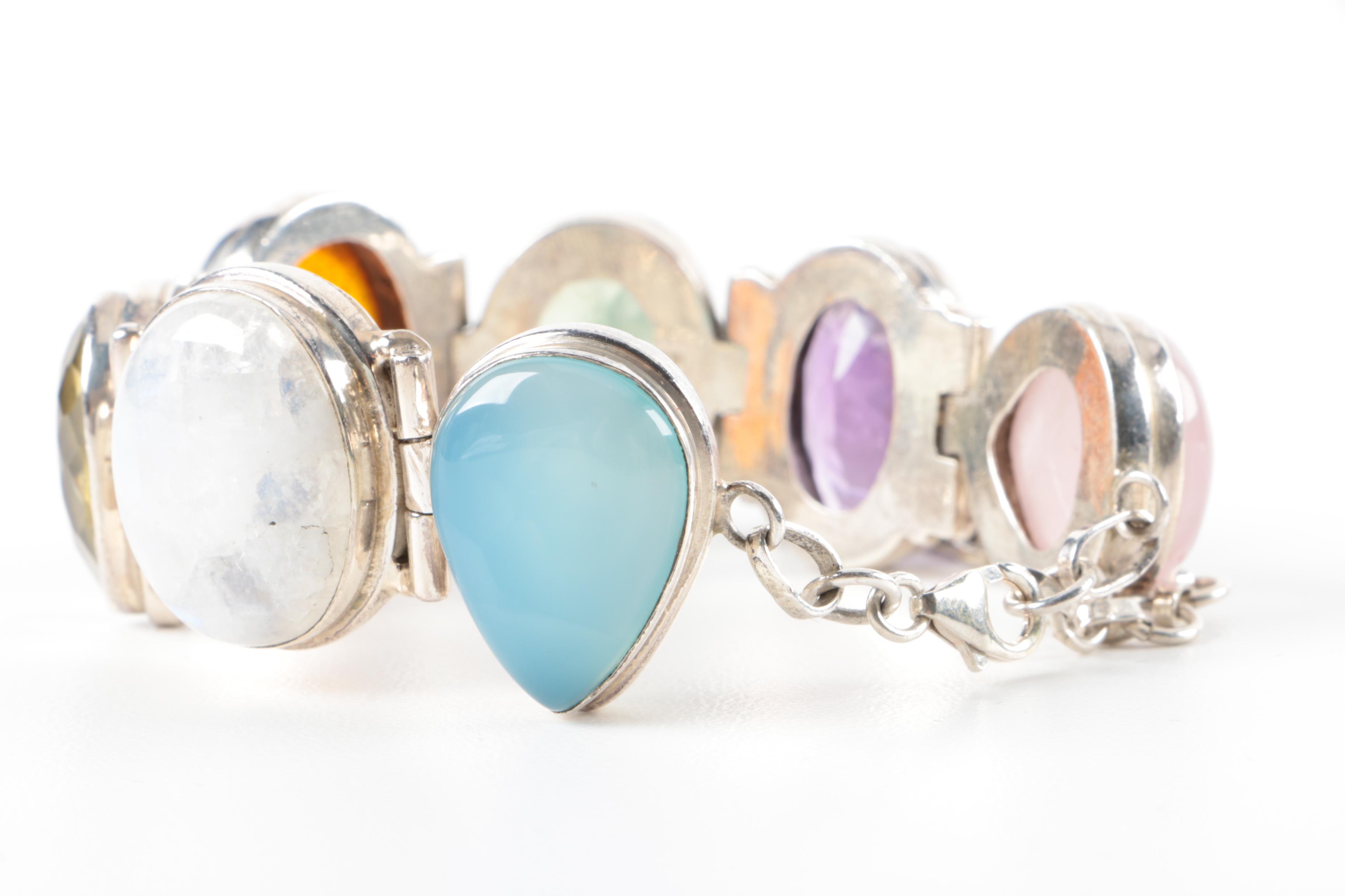 Sterling Silver Bezel Set Gemstone Bracelet