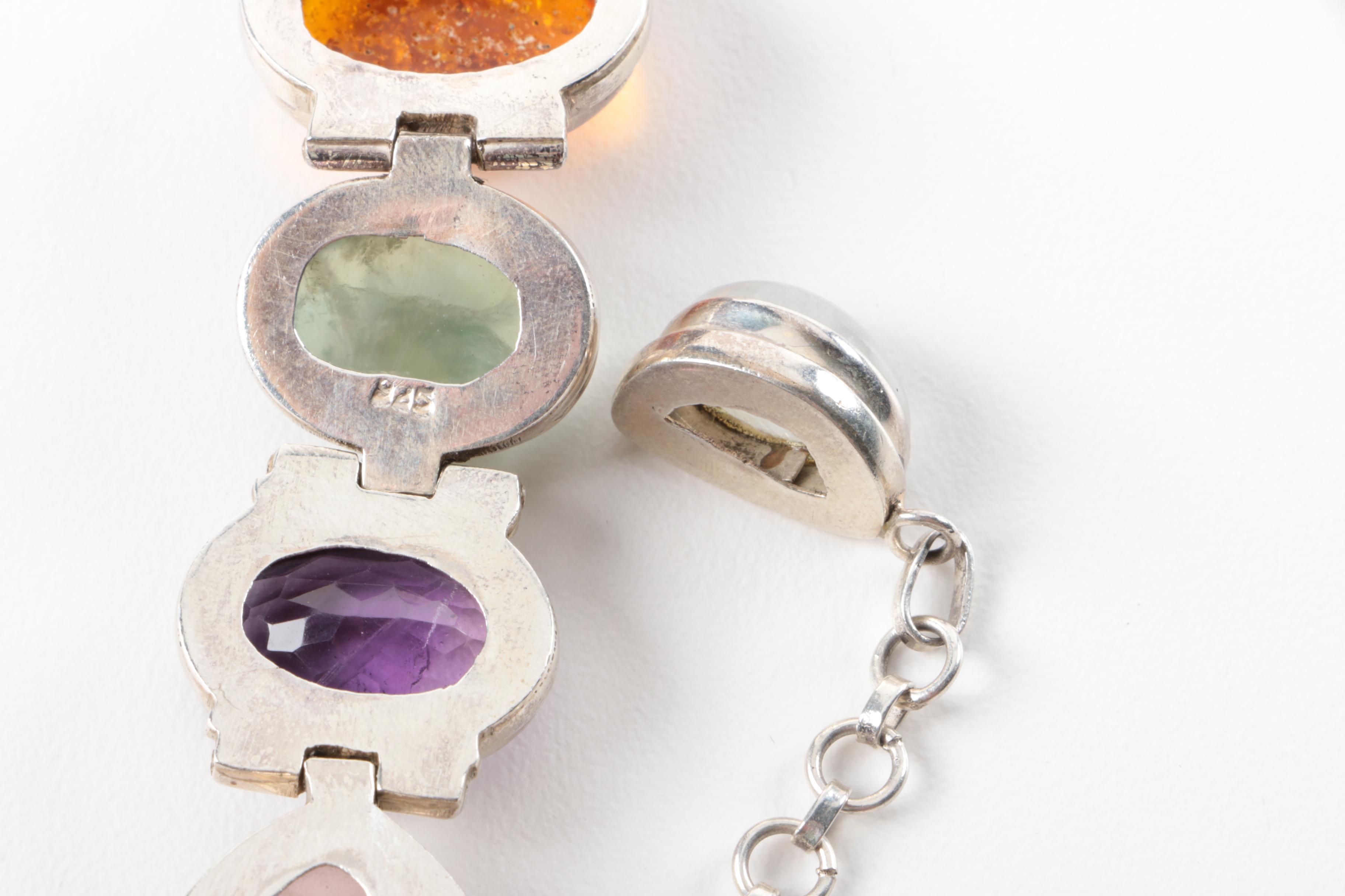 Sterling Silver Bezel Set Gemstone Bracelet