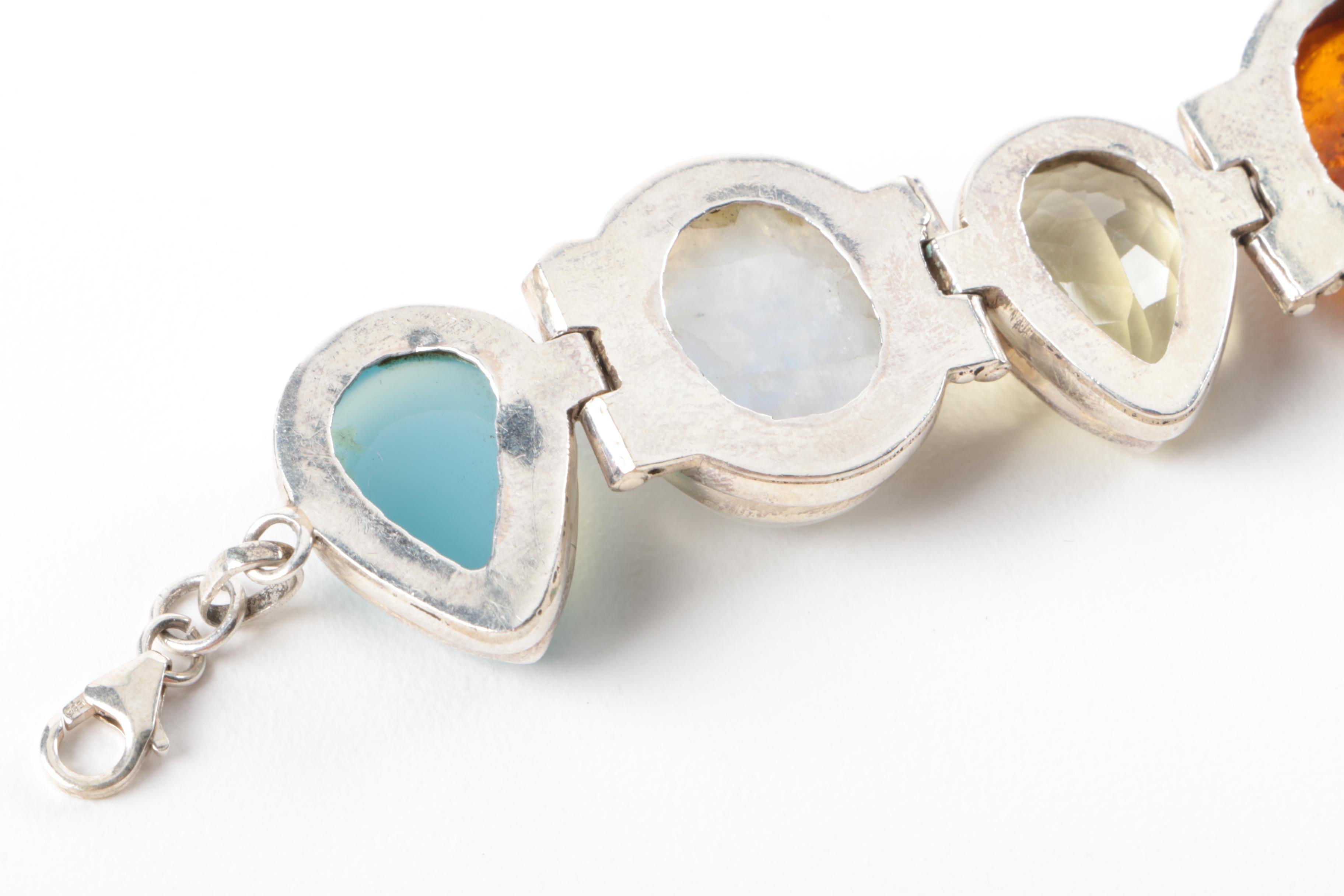 Sterling Silver Bezel Set Gemstone Bracelet