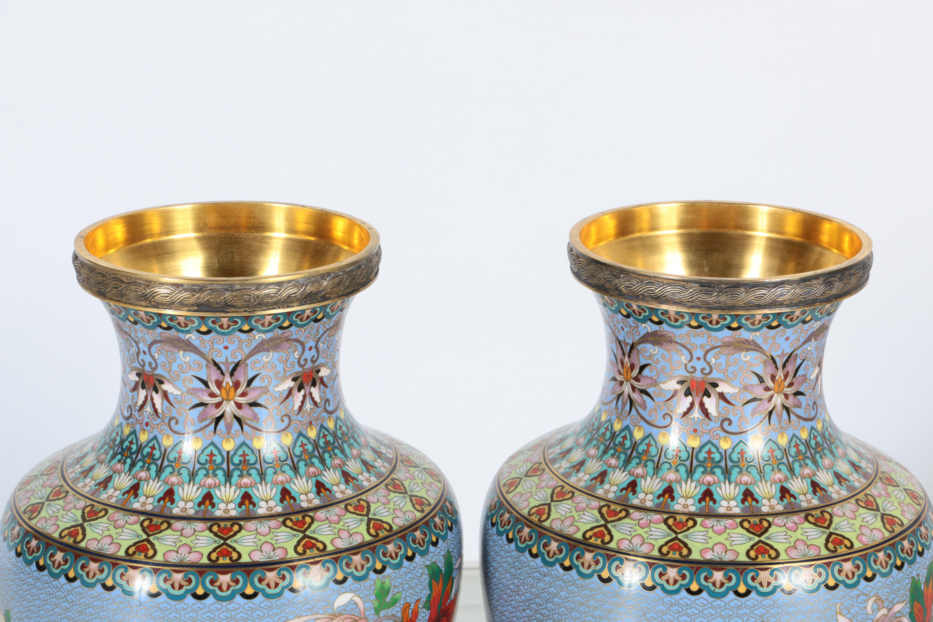 Pair Chinese Cloisonné Vases with Wooden Stands
