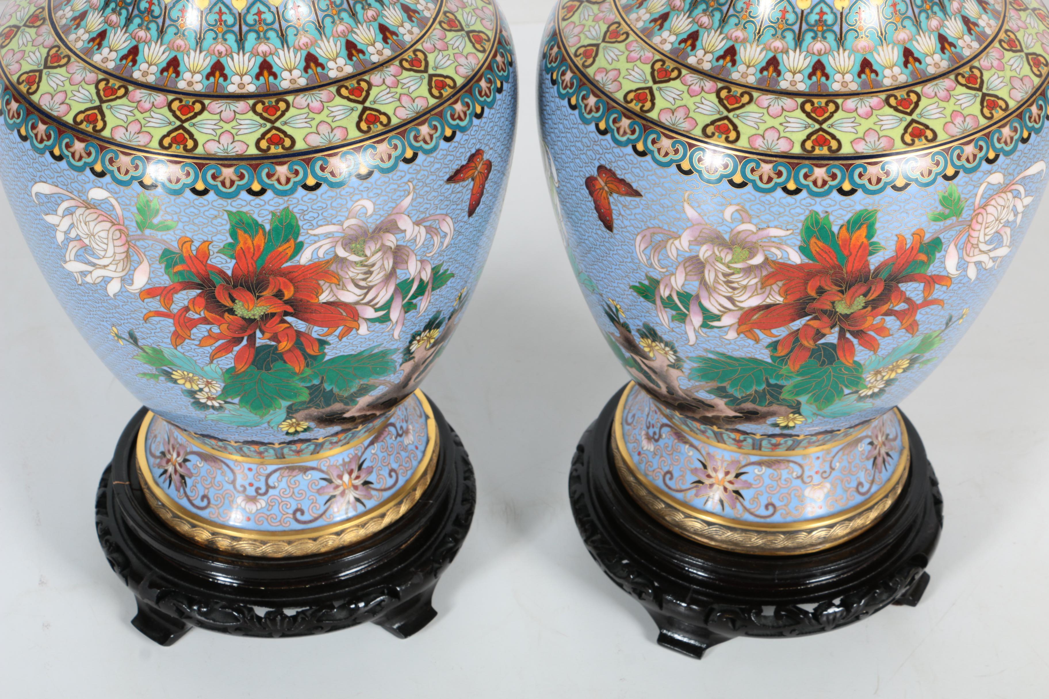 Pair Chinese Cloisonné Vases with Wooden Stands