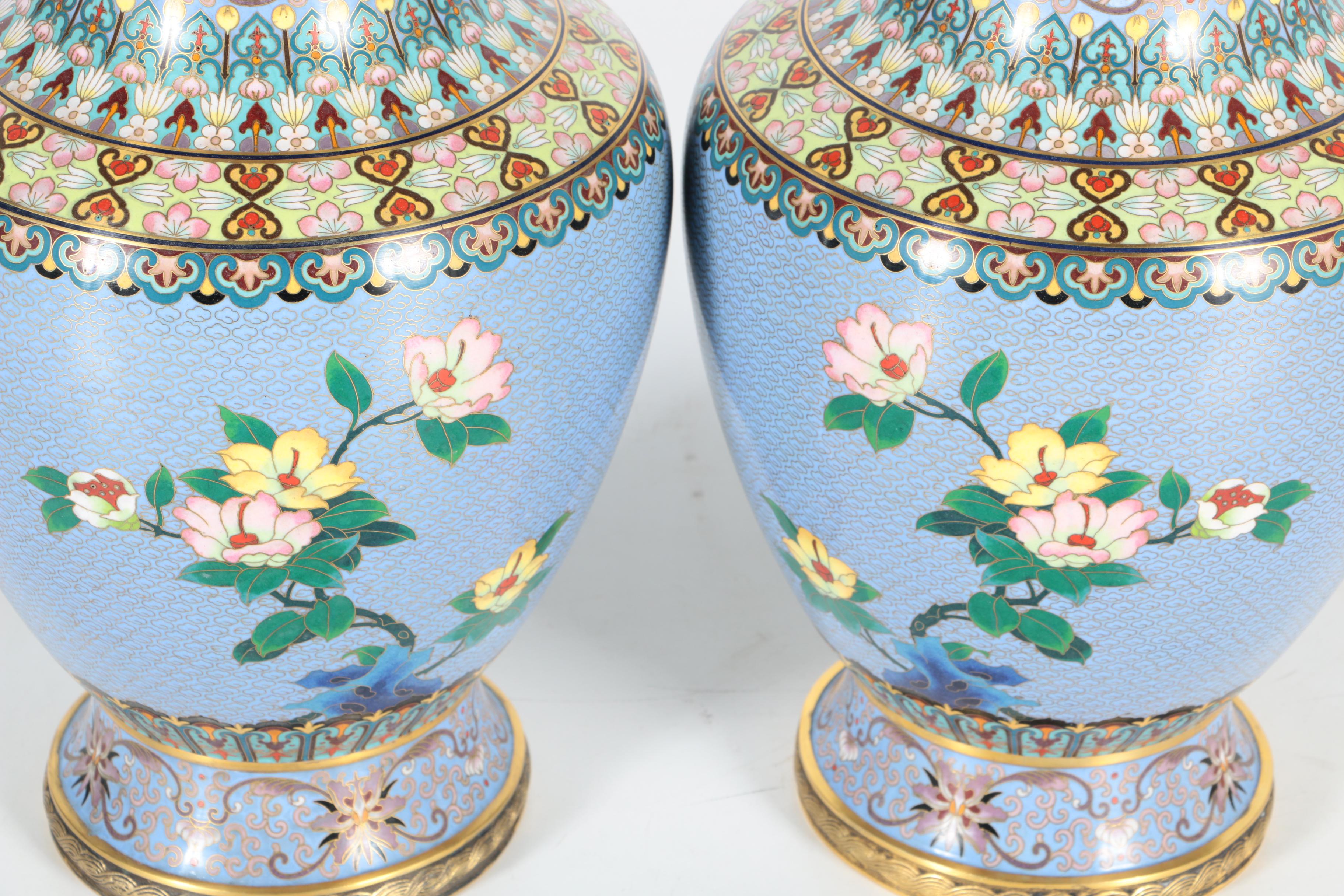 Pair Chinese Cloisonné Vases with Wooden Stands