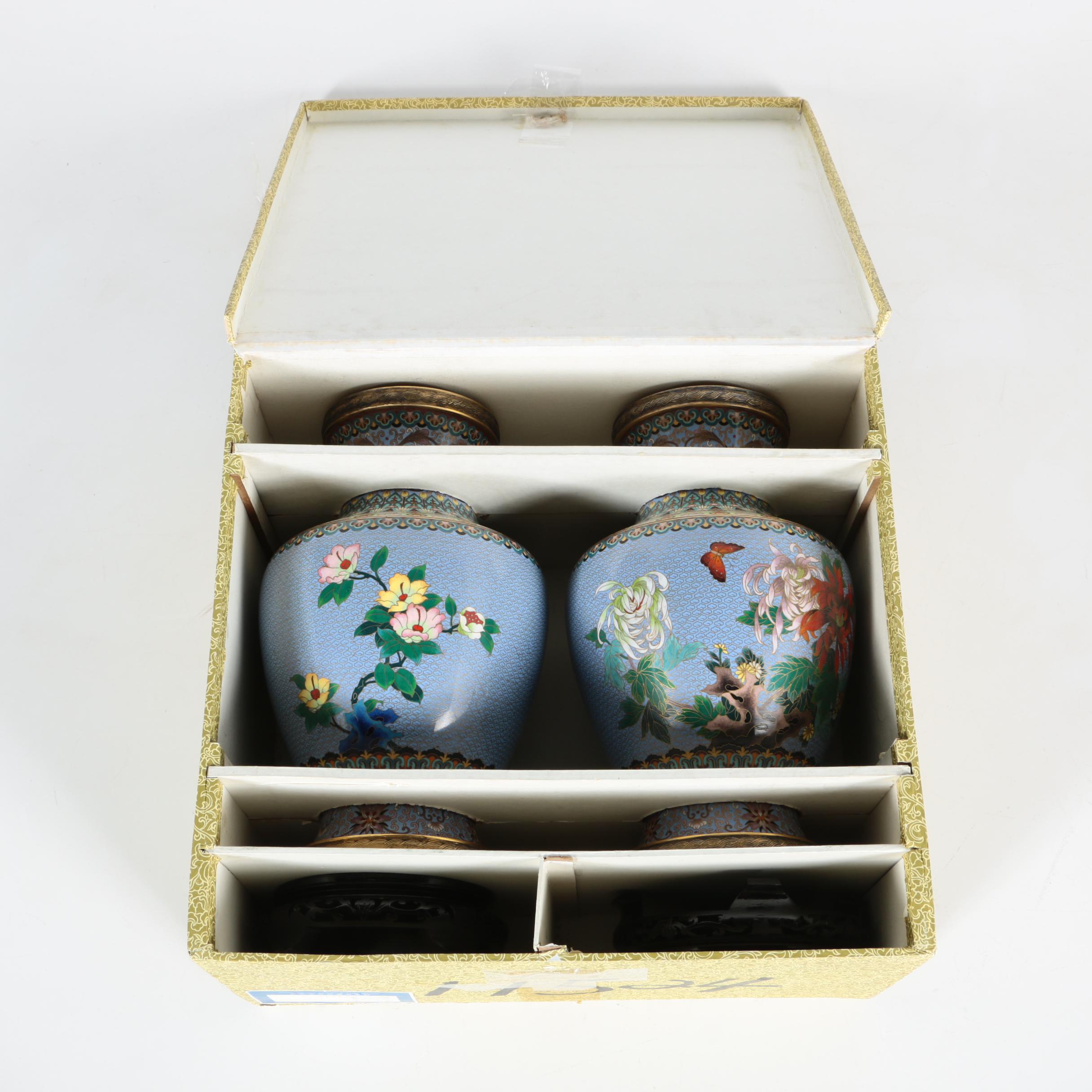 Pair Chinese Cloisonné Vases with Wooden Stands