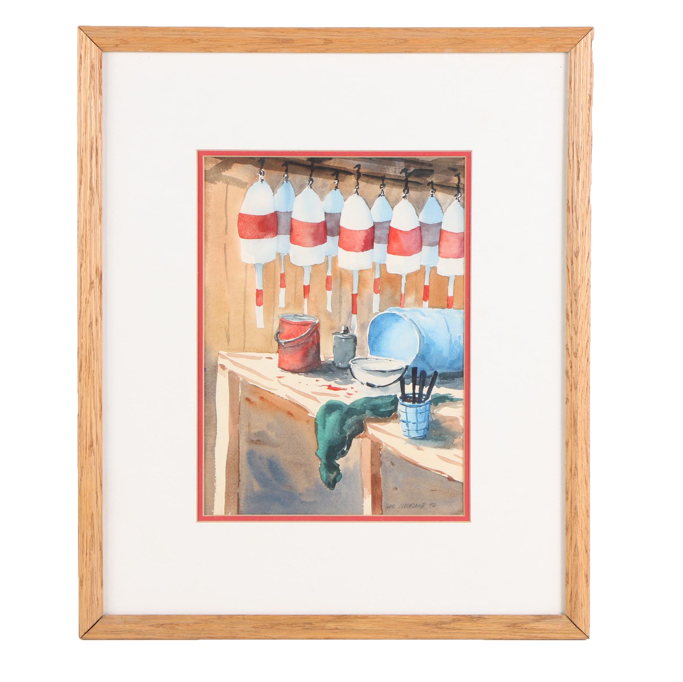 Gail Cleveland Watercolor Painting on Paper of Fisherman Desk