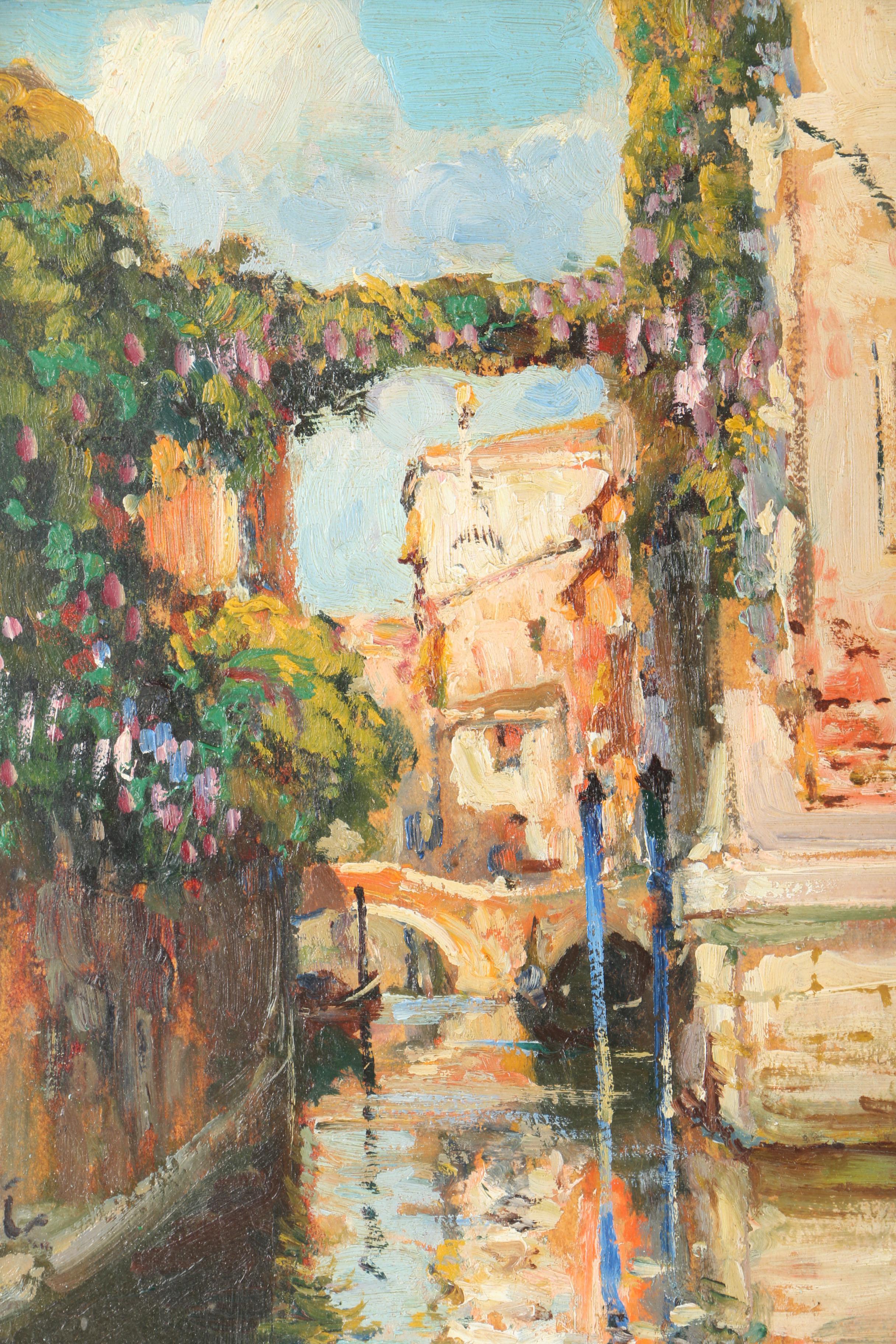 A. Ferretti Oil Painting on Panel of Canal Scene