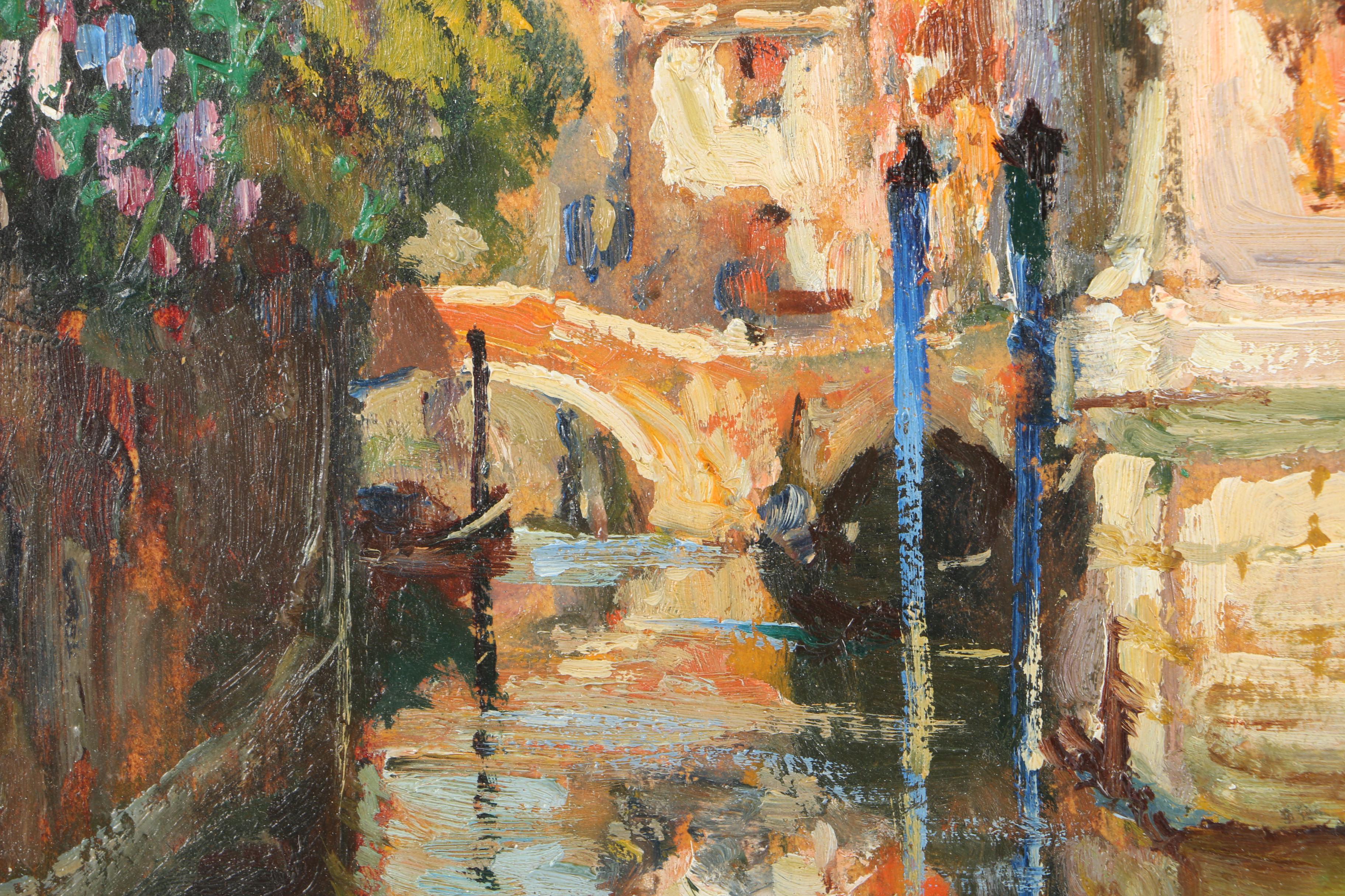 A. Ferretti Oil Painting on Panel of Canal Scene