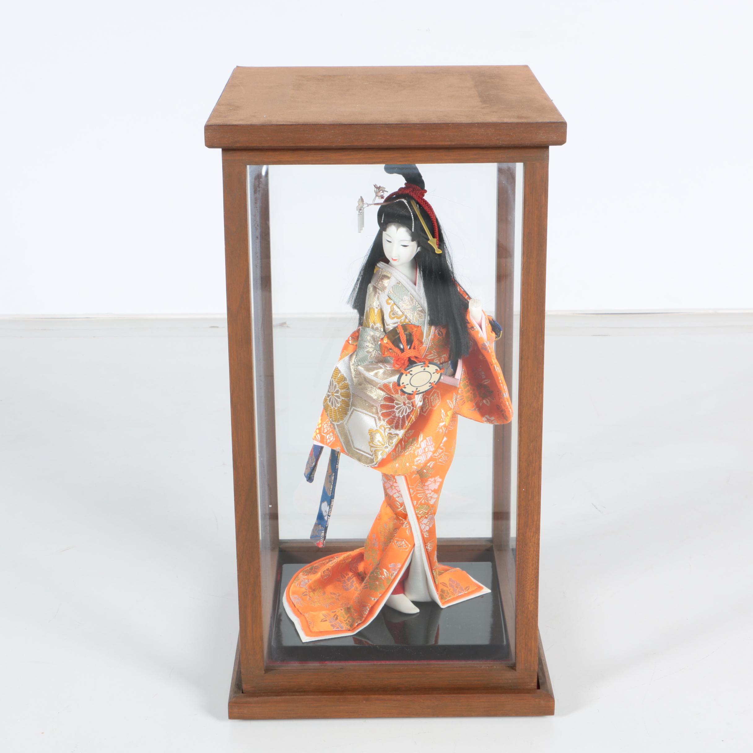 Porcelain and Cloth Japanese Doll in Display Case