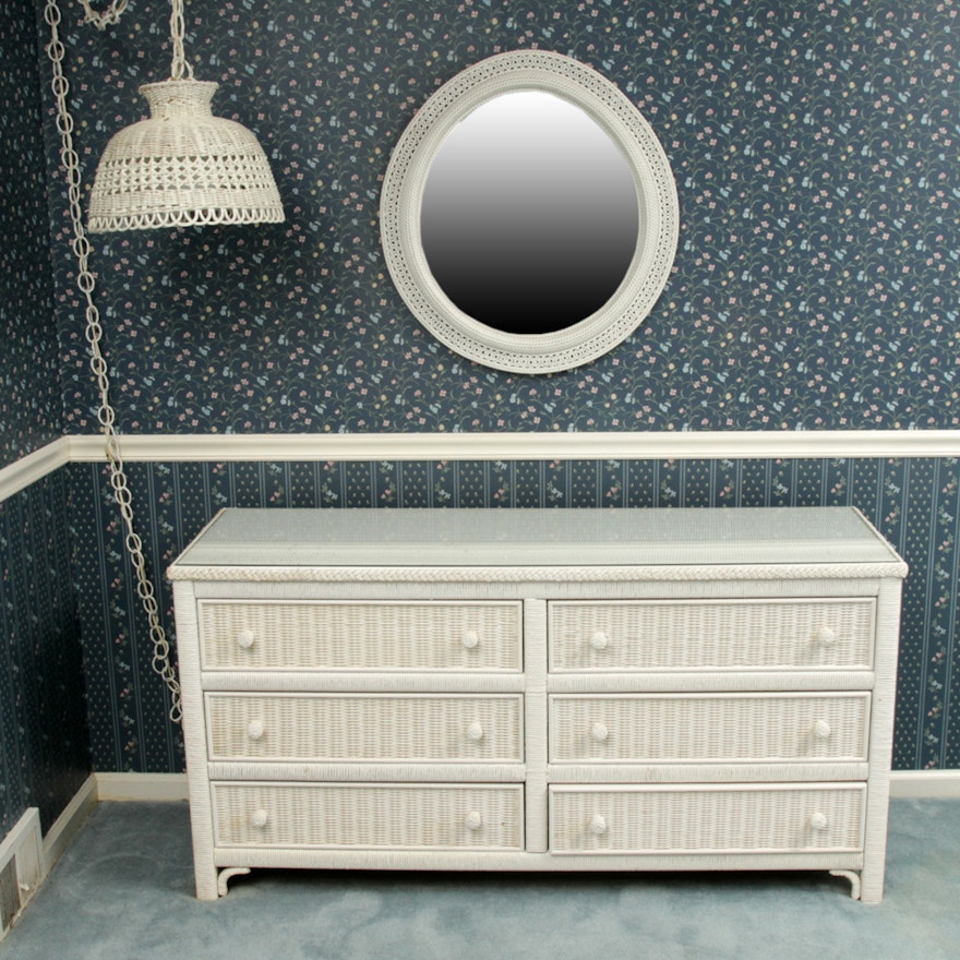 White Wicker Dresser by Henry Link with Wall Mount Mirror and Pendant Lamp